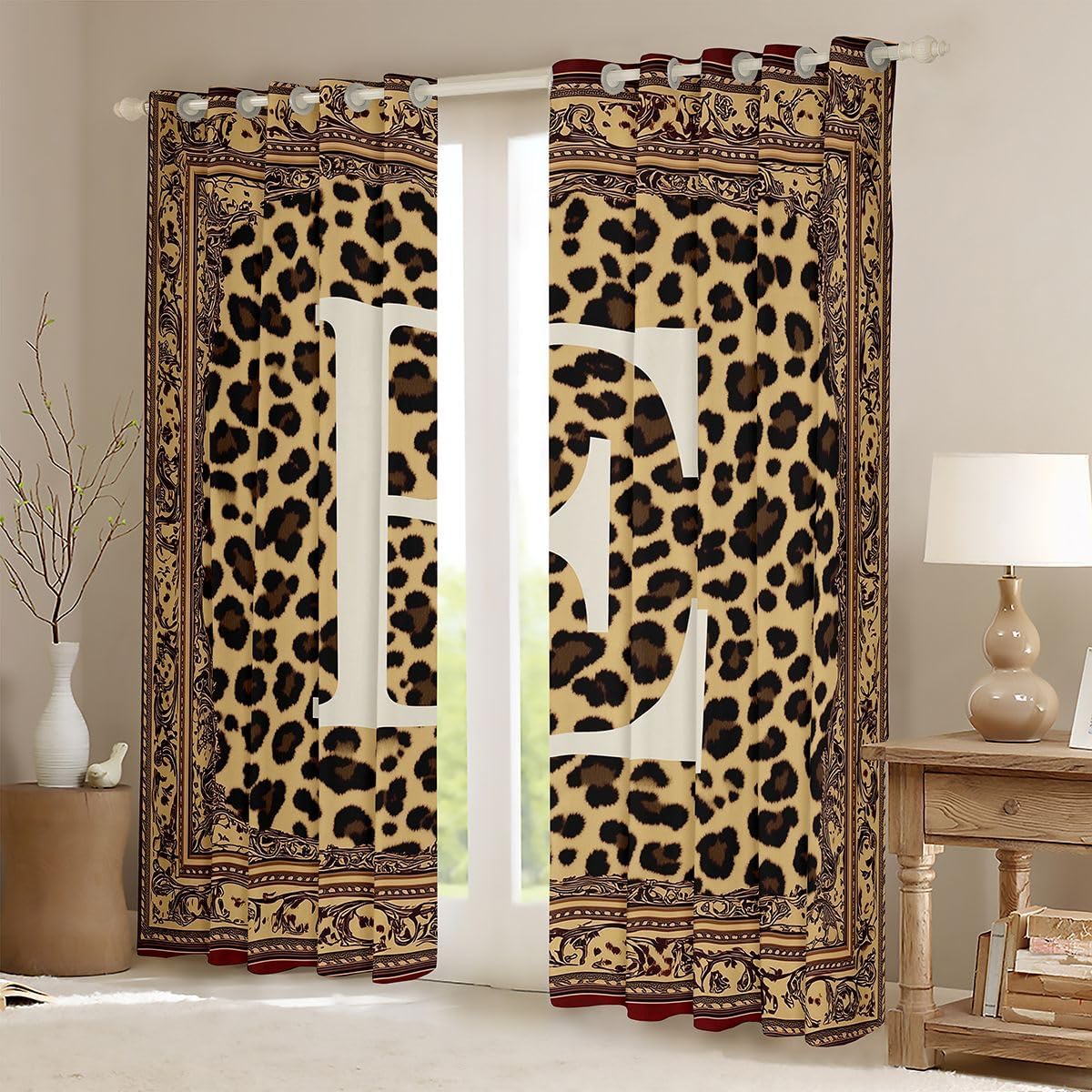 Feelyou Leopard Print Blackout Curtains Initial Letter E Darkening Drapes for Bedroom Living Room Decor Animal Print Thermal Insulated Shades Window Treatments, 2 Panels 38 x 54 Inch
