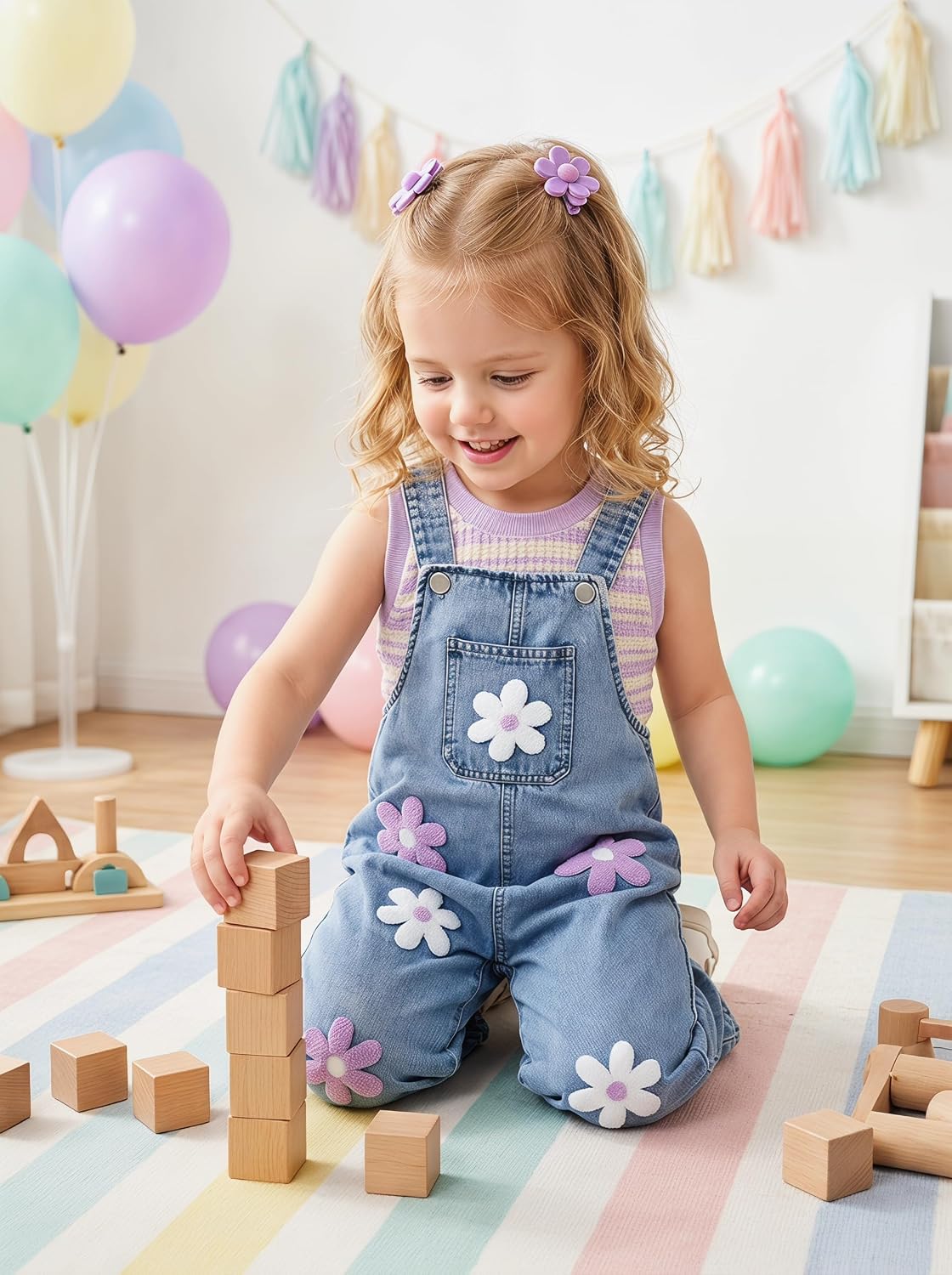 Toddler Baby Girl 2 Piece Outfit Floral Print Top & Flowe Denim Overall Dress Set Infant Casual Summer Clothes
