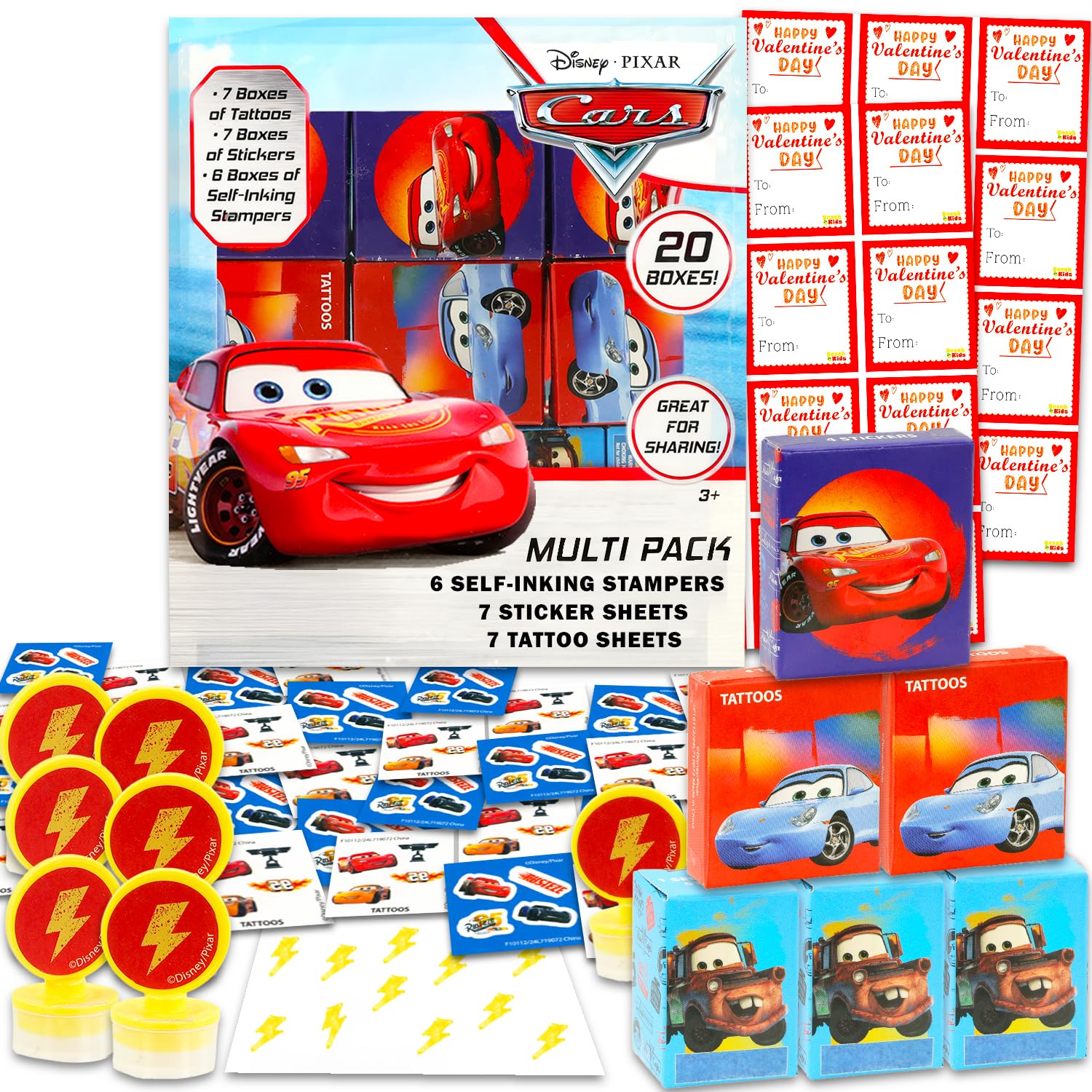 Disney Cars Valentine's Day Classroom Gift Exchange Set - Bundle with 20 Treat Boxes with Stickers, Tattoos, Stampers for Valentines Classroom Party | Lightning McQueen Goodie Bags