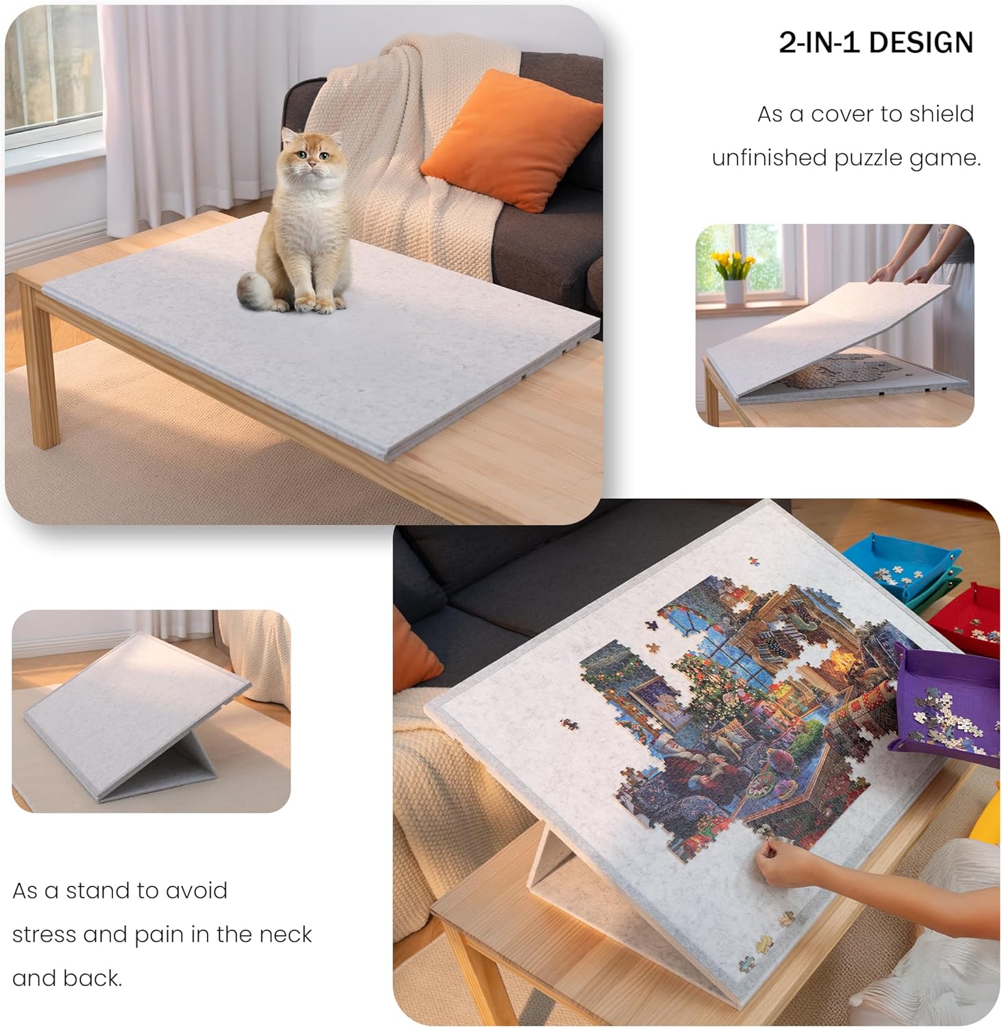 Lavievert 1500 Piece Tilting Puzzle Board with 2-in-1 Stand & Cover, Adjustable Felt Mat Plateau with 6 Colored Sorting Trays, Lightweight Portable Jigsaw Puzzle Table with Non-Slip Surface for Adults