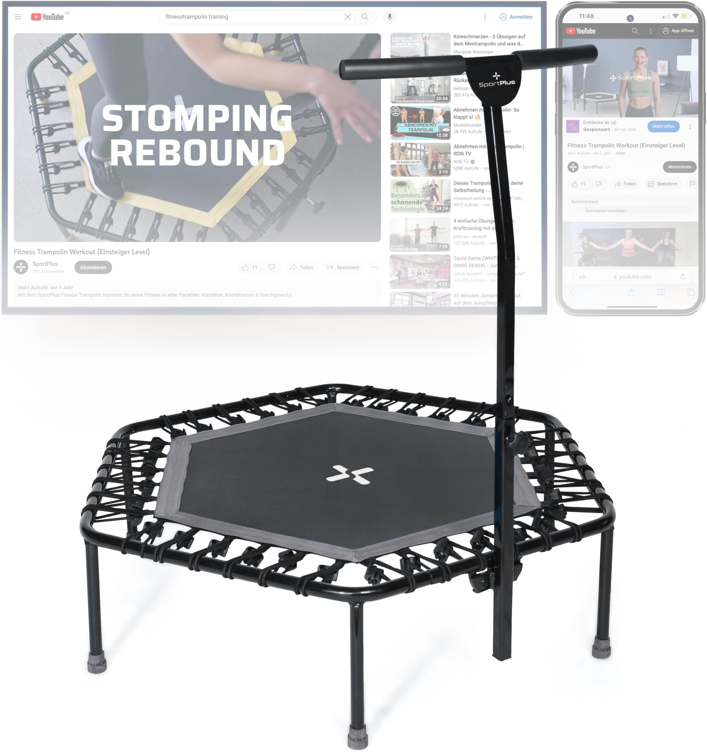 SportPlus | Fitness trampoline for home workout, with support bar (5-fold height adjustable), also with folding function, soft rubber rope suspension, very quiet