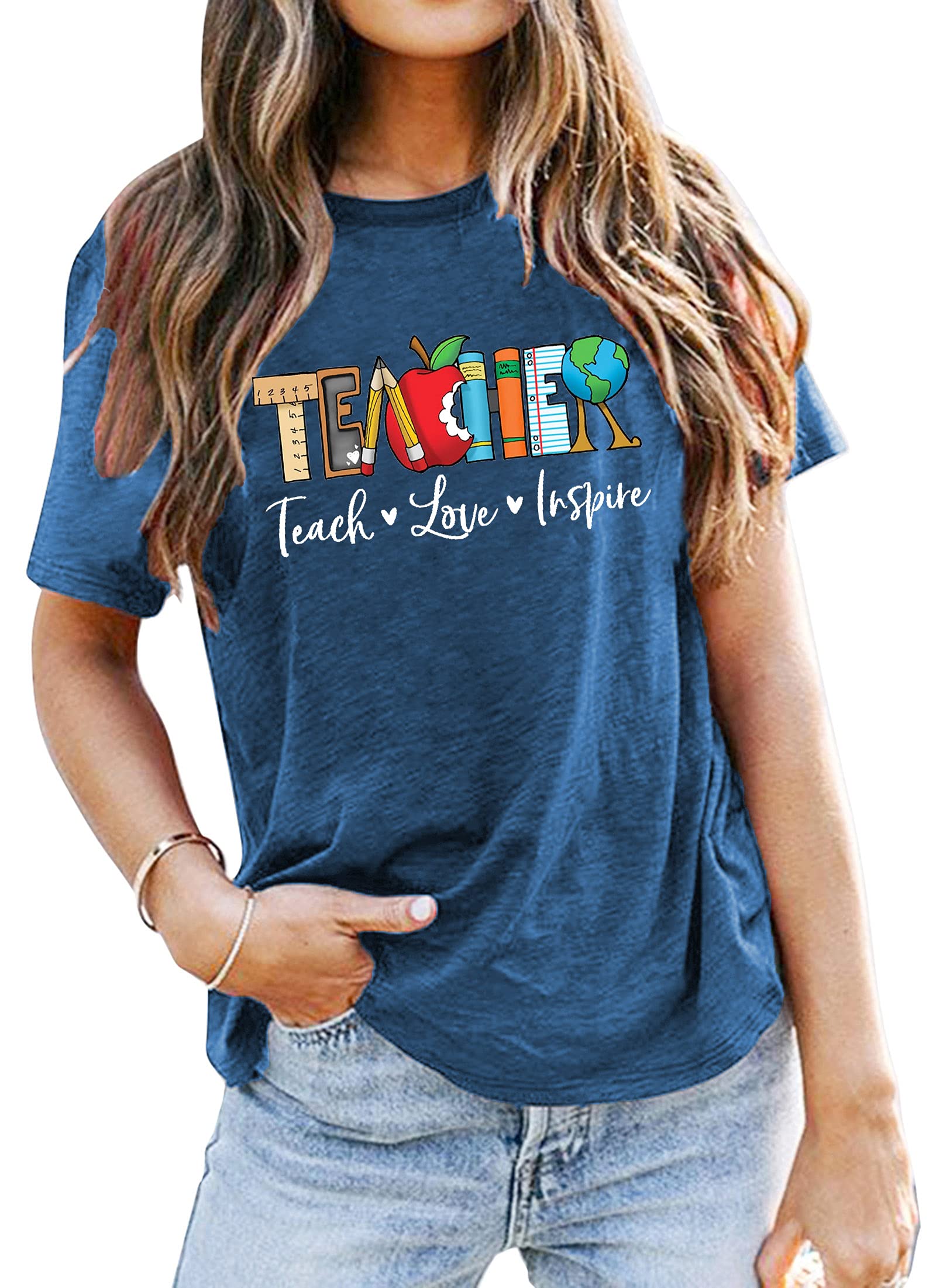 LHBNKTeach T Shirt for Women Teacher Graphic Tees Tops Teach Inspire Letter Print Shirts Tops
