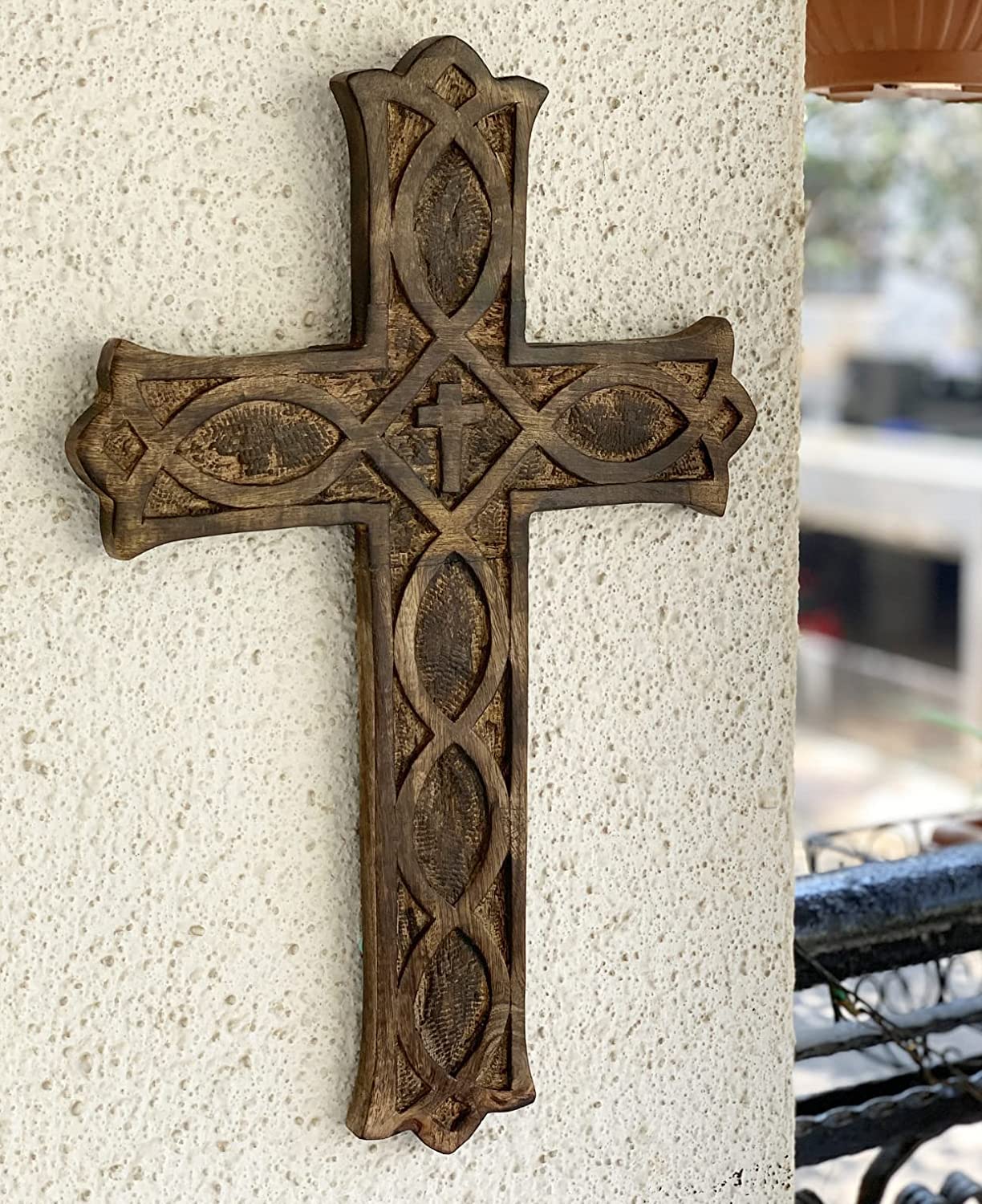 Wooden Religious Catholic Crucifix Cross Wall Hanging 40 x 30 cms French Plaque Floral Carvings Living Room Home Decor Accent Church Chapel Altar Wall Art Decor Display Antiqued Rustic Finish - Image 2
