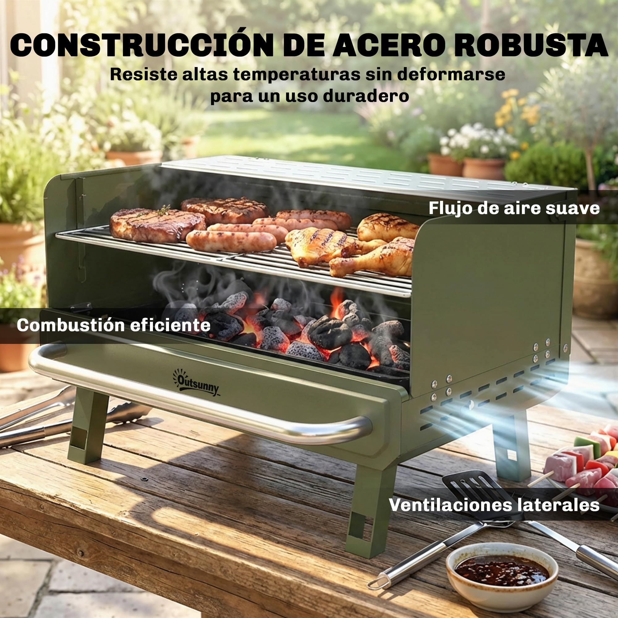 Outsunny Barbacoa de Carbón Plegable, Barbacoa Portátil, 52x37x31,8 cm, con Rejilla Ajustable, Estante Lateral Plegable y Bandeja de Carbón Extraíble, para Camping, Picnic, Fiesta en Jardín, Verde