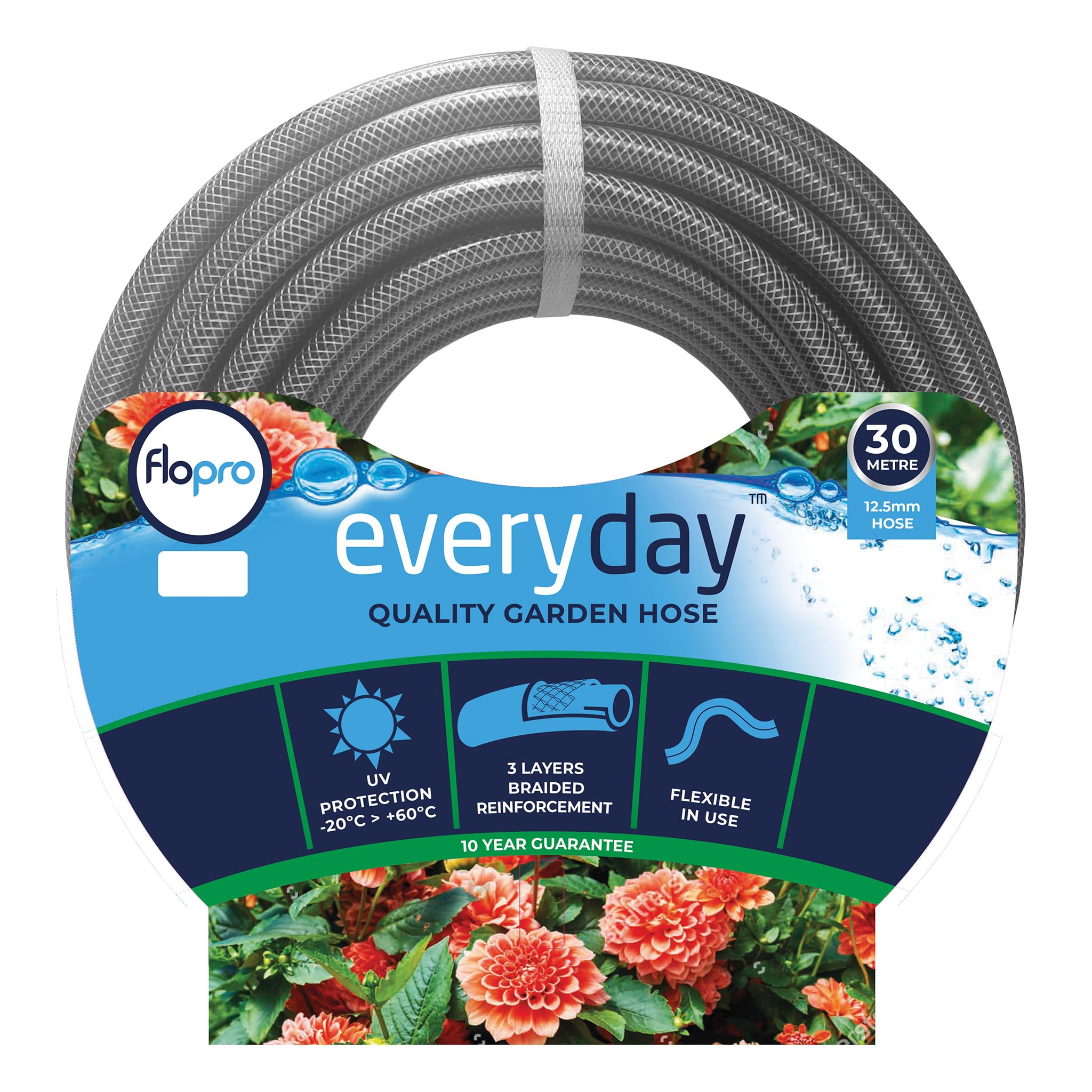 Flopro - EVERYDAY garden hose pipe ø 12,5mm (1/2") 30m: 3 layer braided reinforced hose. Flexible in use, general purpose & durable hose pipe. UV resistant & weather proof - 10 year guarantee