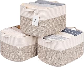 Laughbird Large Woven Rectangle Basket With Handles for Shelves ,Toys Cotton Rope Cloth Storage Baskets for Organizing- Nursery Cube Bin,Decorative Storage Organizer Room, Bathroomï¼ˆWhite/Brown 3bagsï¼‰