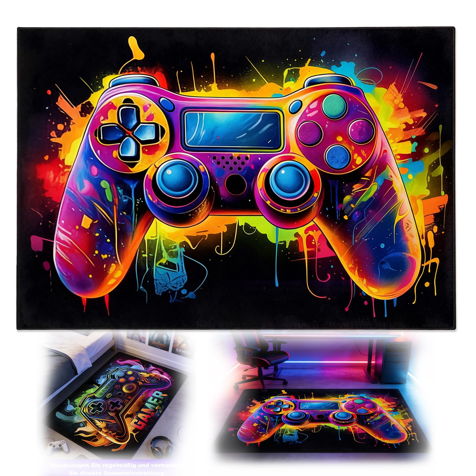 Nocecfi Gaming Area Rug, 80 x 120 cm 3D Colorful Game Gamepad Carpet, Washable Non-Slip Gaming Room Floor Mat for Bedroom Living Playroom Decor