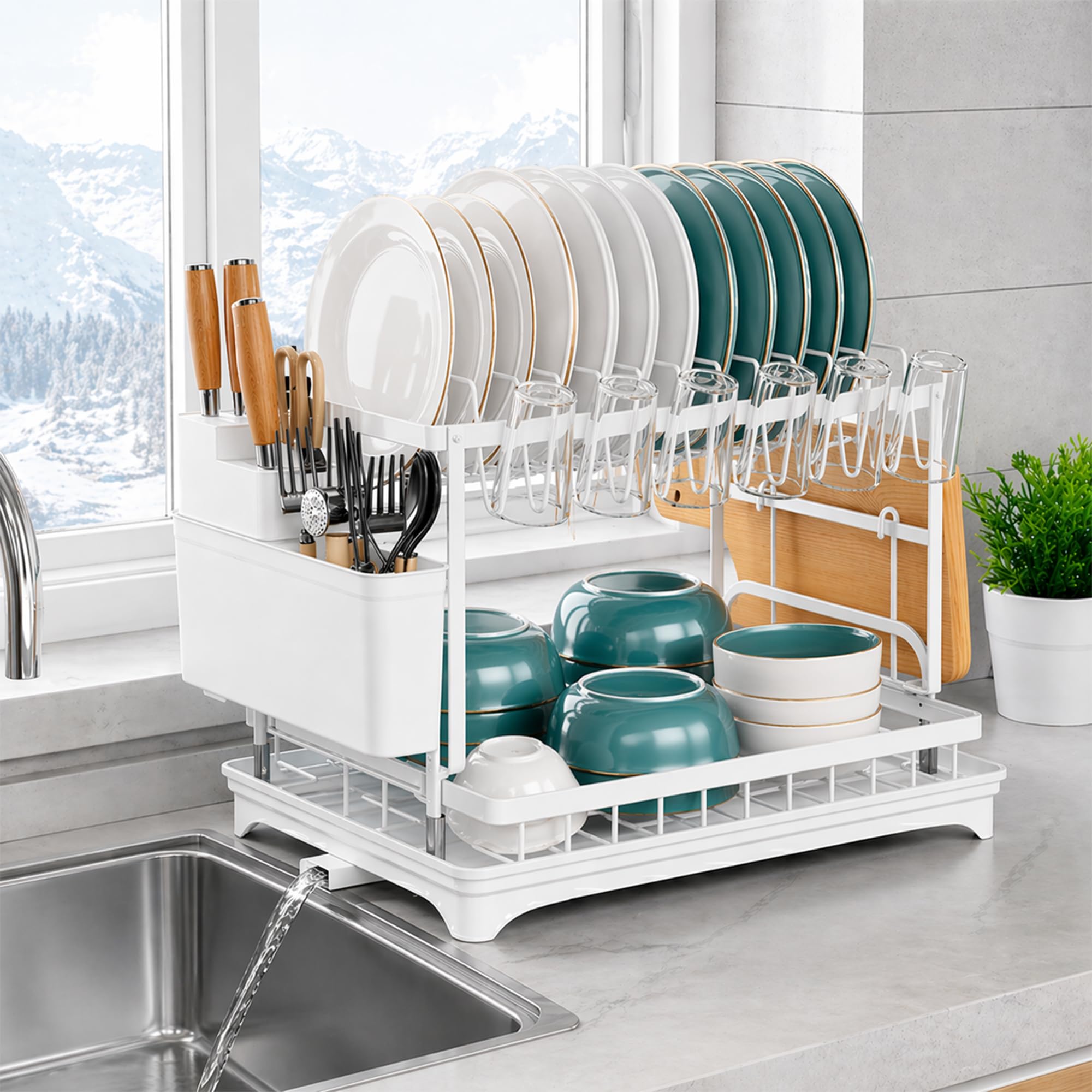 UR CHOICE Dish Drainer Rack with Drip Tray, Metal Dish Drying Rack for Kitchen Counter, Plate Rack & Cutlery Holder, Sink Drainer Rack for Washing Up and Kitchen Storage (White, 2-Tier)