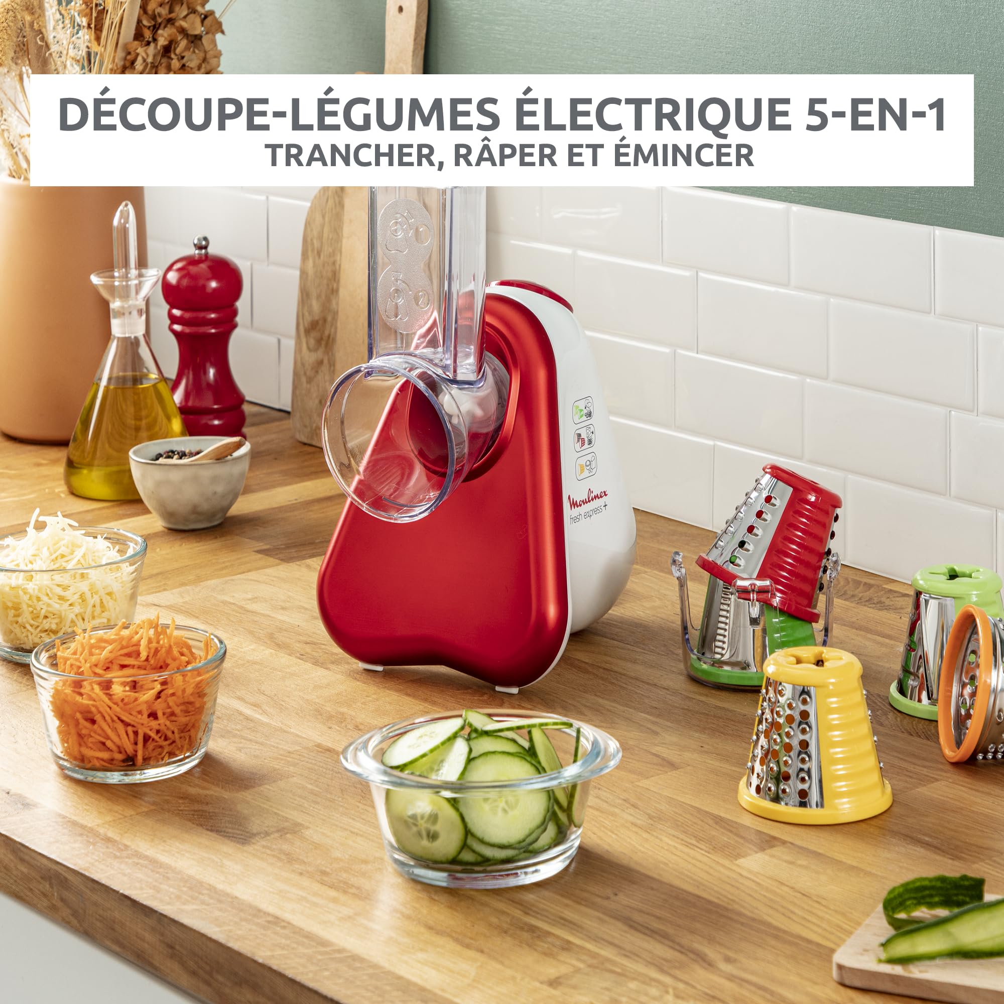 Moulinex Fresh Express Découpe-légumes 5-en-1, Tranche, Emince, Râpe, Large tube d'alimentation, Cône avec code couleur, Fabriqué en France DJ755G10, Rouge, Blanc