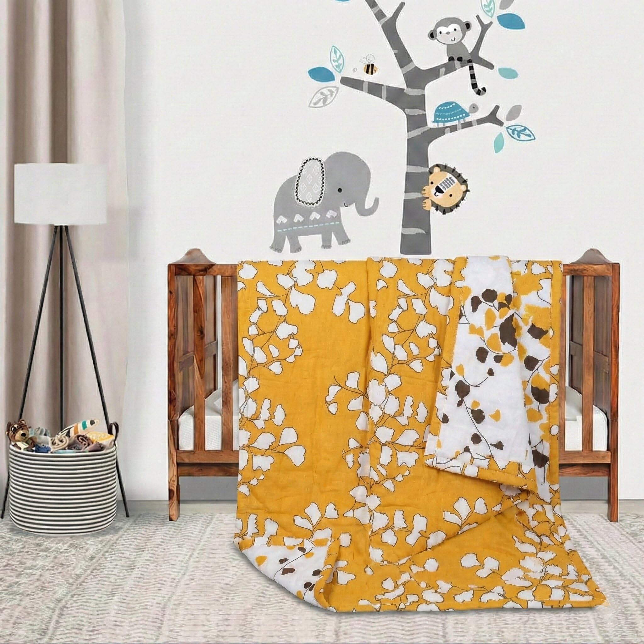 Trance Home Linen Pure Cotton Reversible 200 TC Dohar Toddler Size|Cotton Ac Quilt for Babies|Infants - New Born|Soft Light-Weight Bed Blanket 0-4 Years Kids(140Cm X 100Cm, Mustard White Leaves)-picture-20