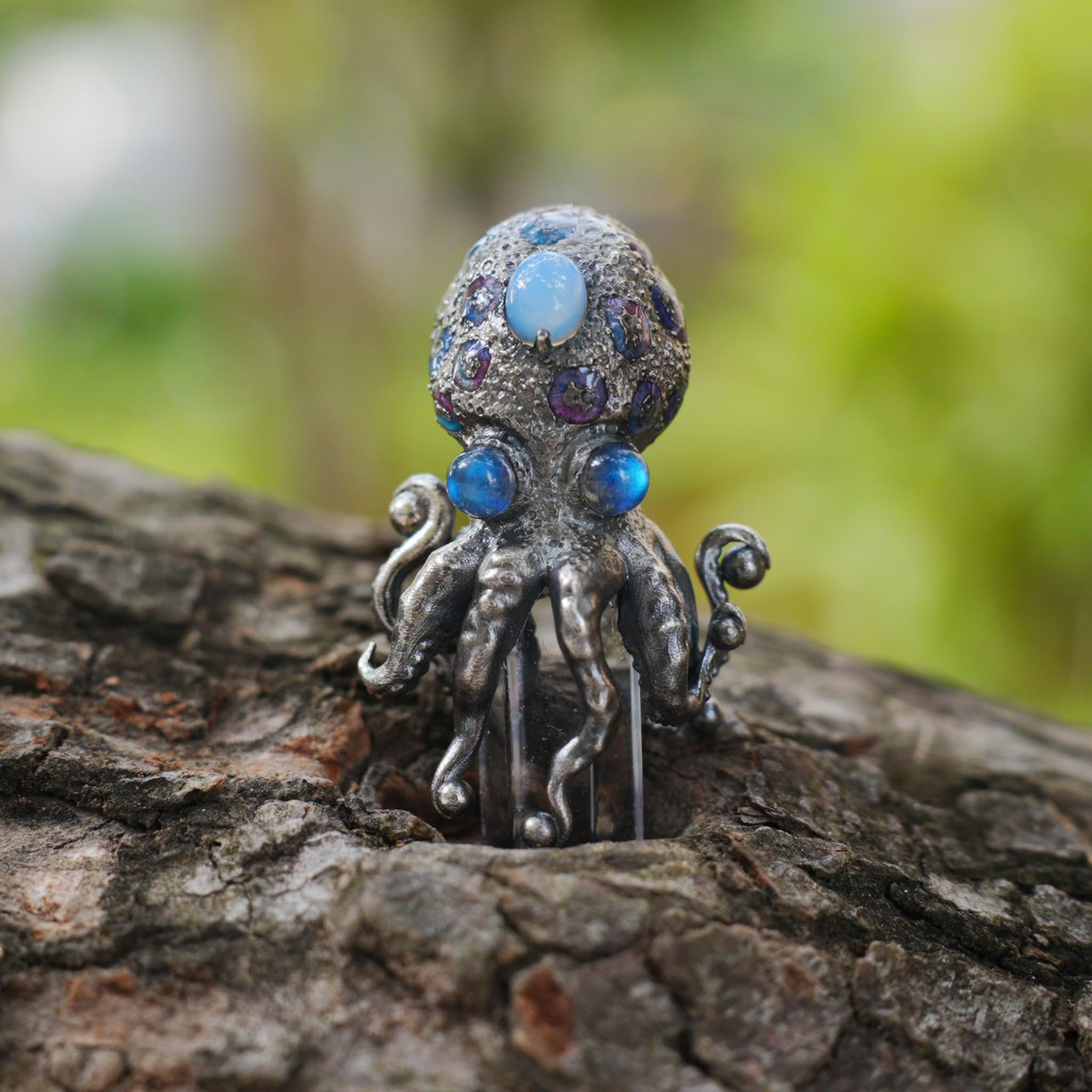 Generisch 925 Sterling Silber Oktopus Anhänger mit Labradorit und Bergkristall 3,7 x 2 cm 9 g Unisex Gothic Fantasy Schmuck