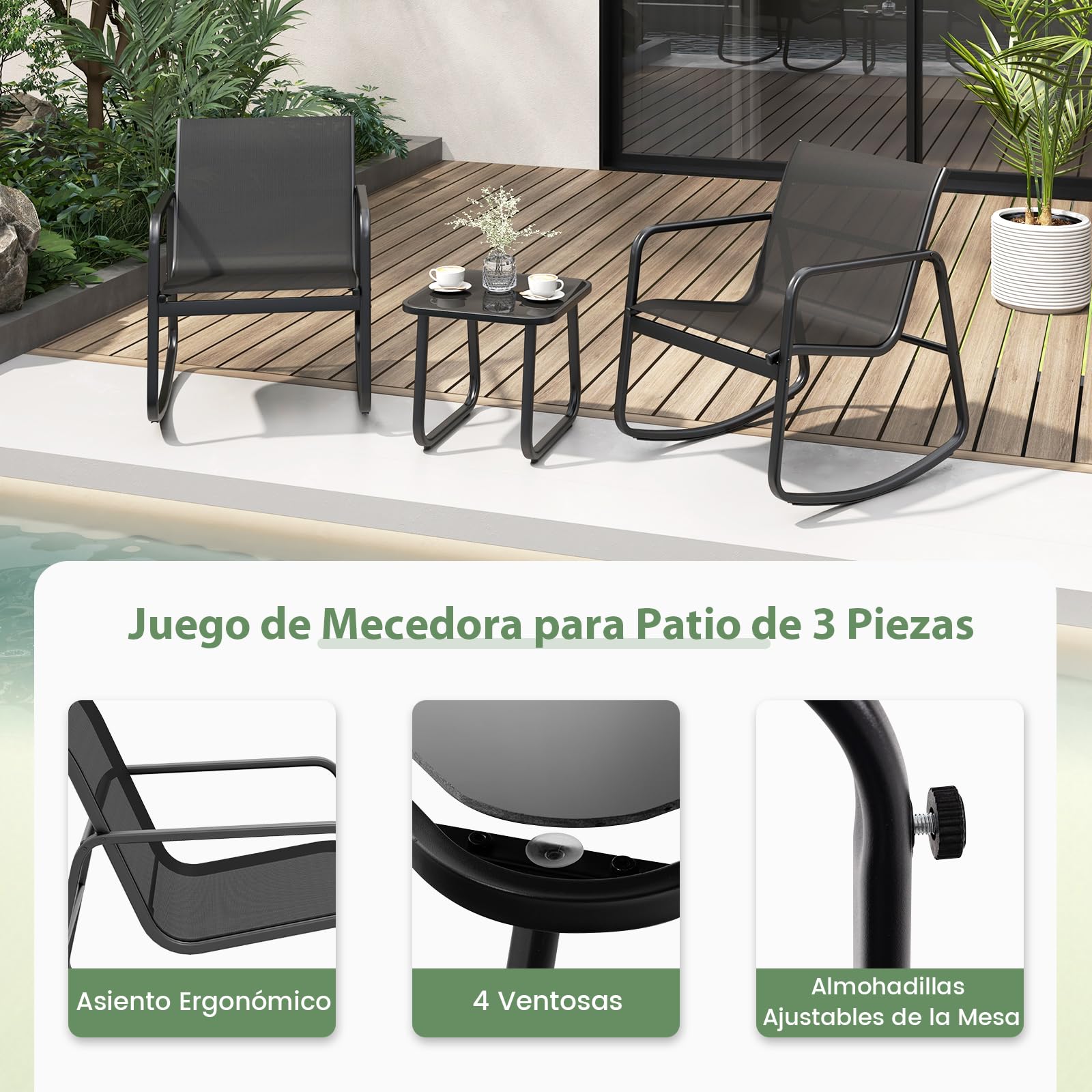 COSTWAY Mesa y Sillas Terraza, 2 Mecedoras de Bistró y 1 Mesa Baja con Tapa de Vidrio, Tela Textilene, Conjunto Jardin Terraza Exterior Balcon, Juego de Mecedora (Negro)