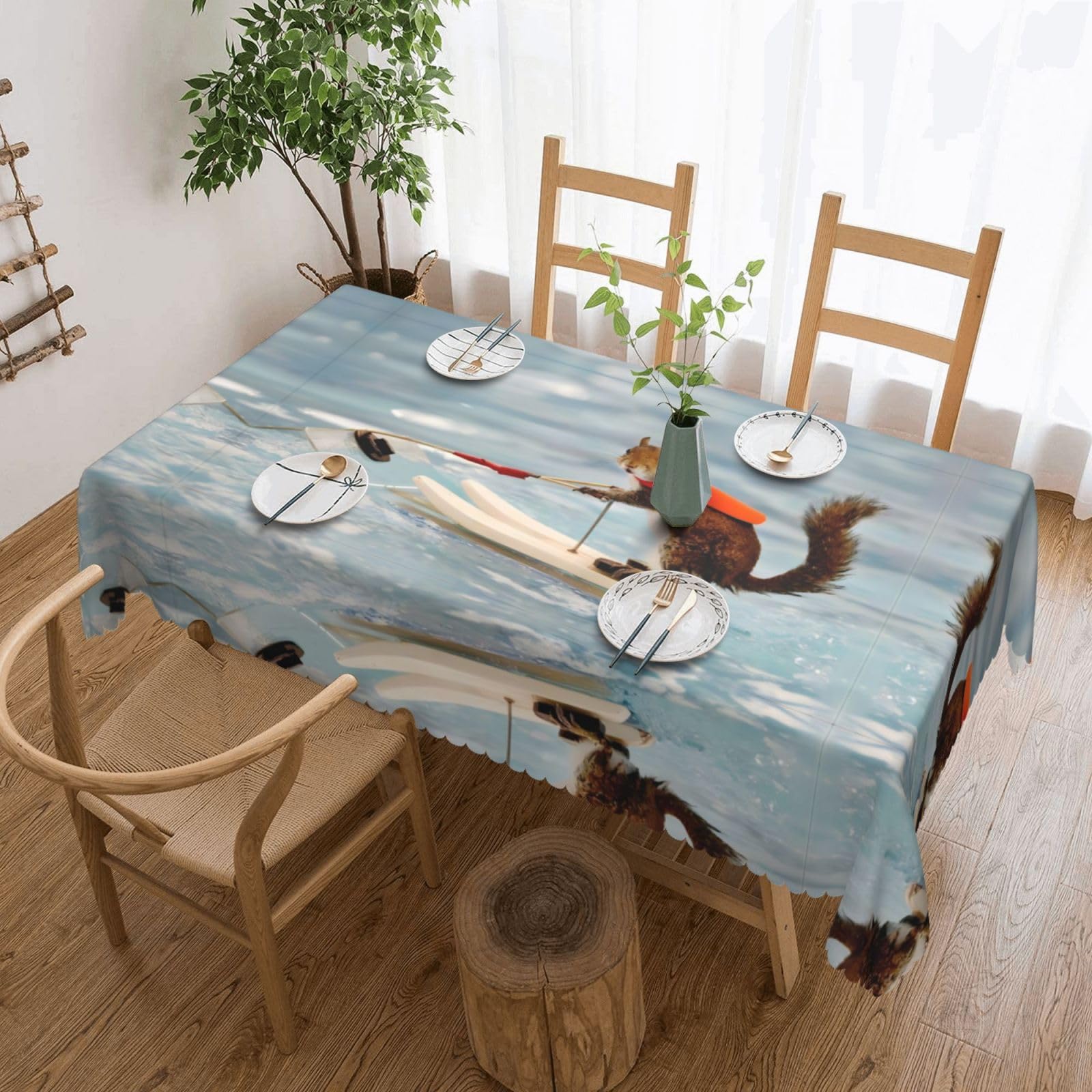 QAZWZML Water Skiing fox Squirrel Printed tablecloth, made of thick polyester with lace trim, suitable for dining rooms, picnics, and weddings
