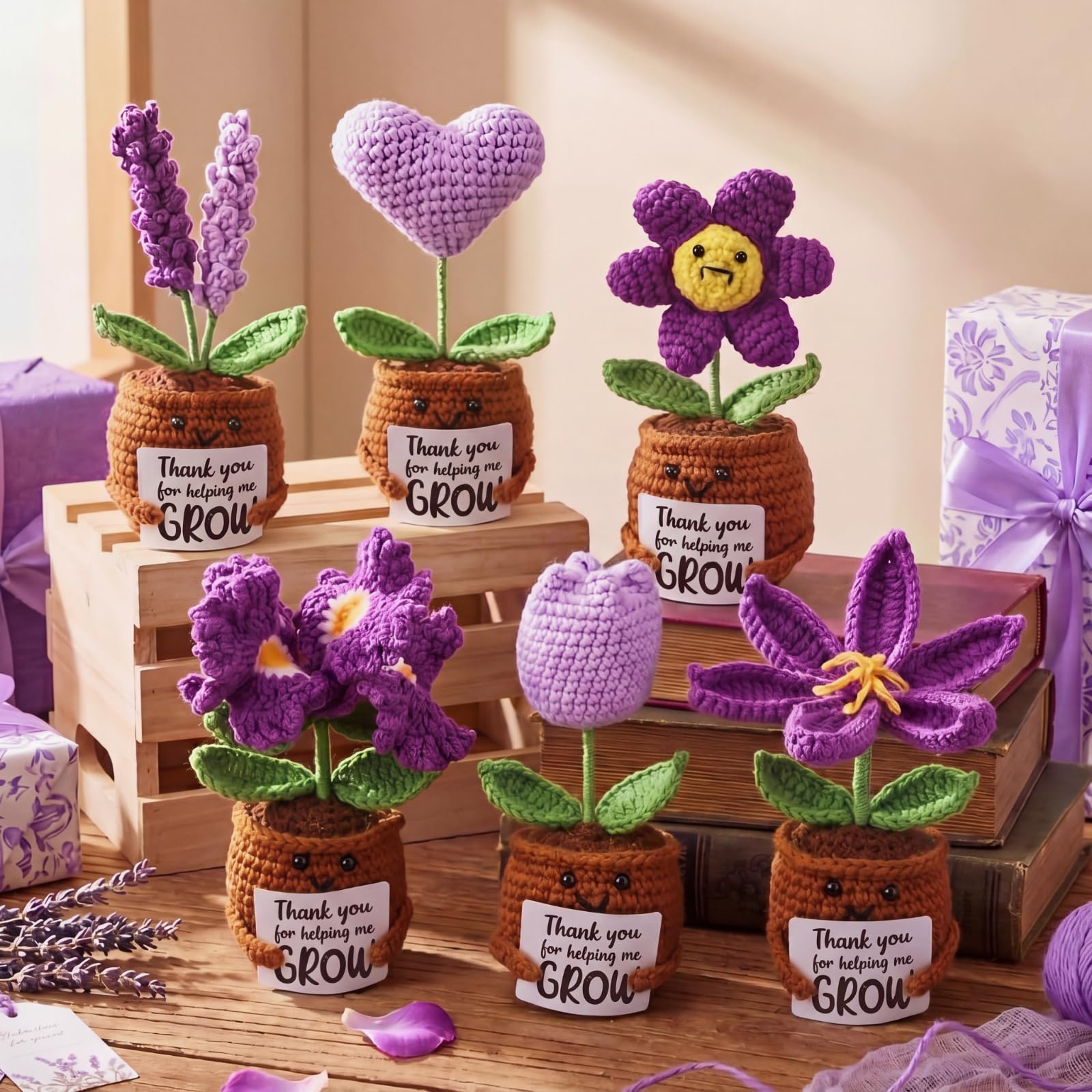 Threehoney 6 Pcs Teacher Gift Thank You for Helping Me Grow Gifts Positive Flower Crochet Teacher Appreciation Gifts Bulk Emotional Sunflower Crochet Doll for Teachers