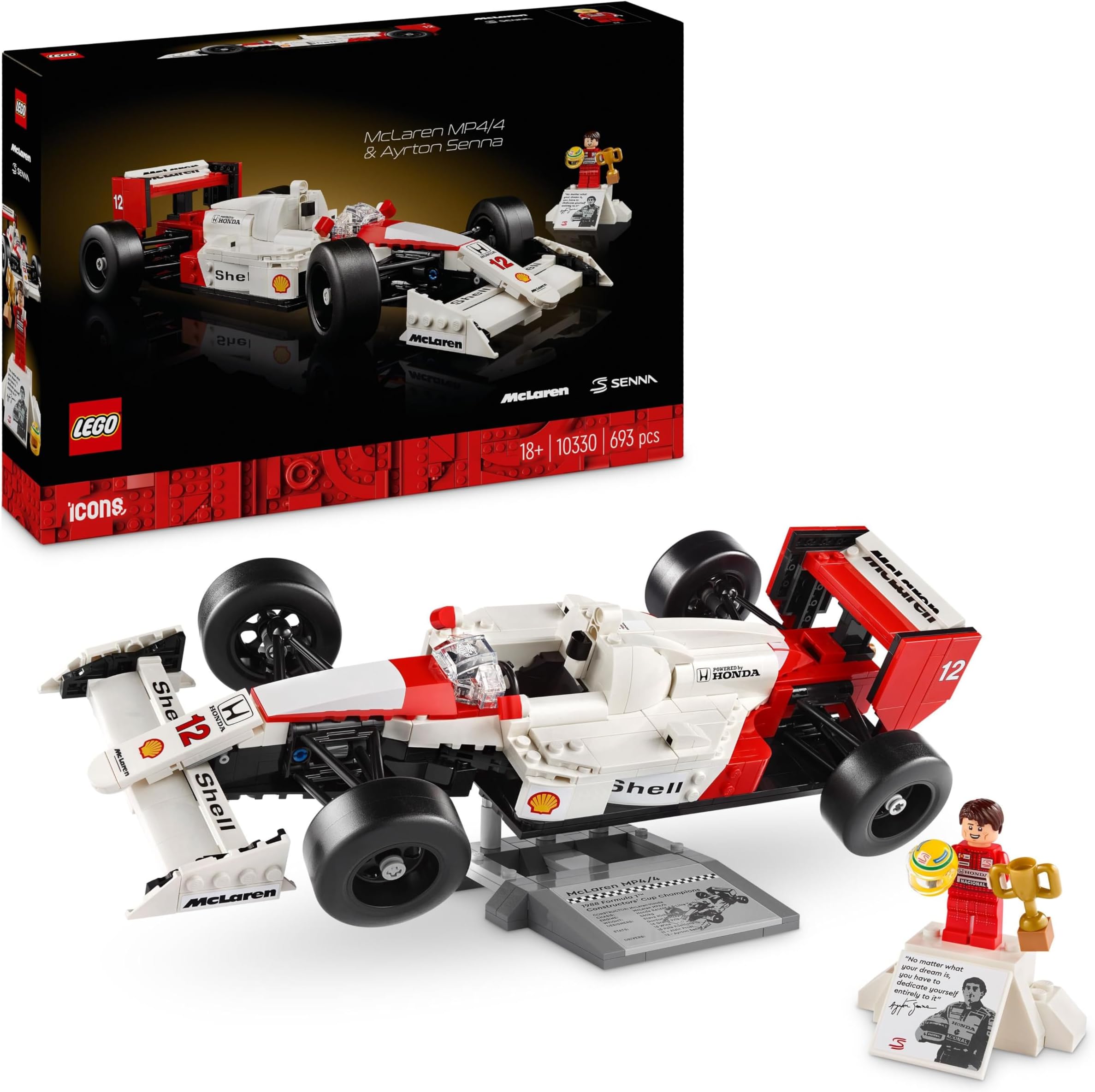Icons McLaren MP4/4 & Ayrton Senna Vehicle Set, F1 Race Car Model kit for Adults to Build with Race Driver Minifigure, Home or Office Desk Décor, Formula One Birthday Gifts for Men & Women 10330