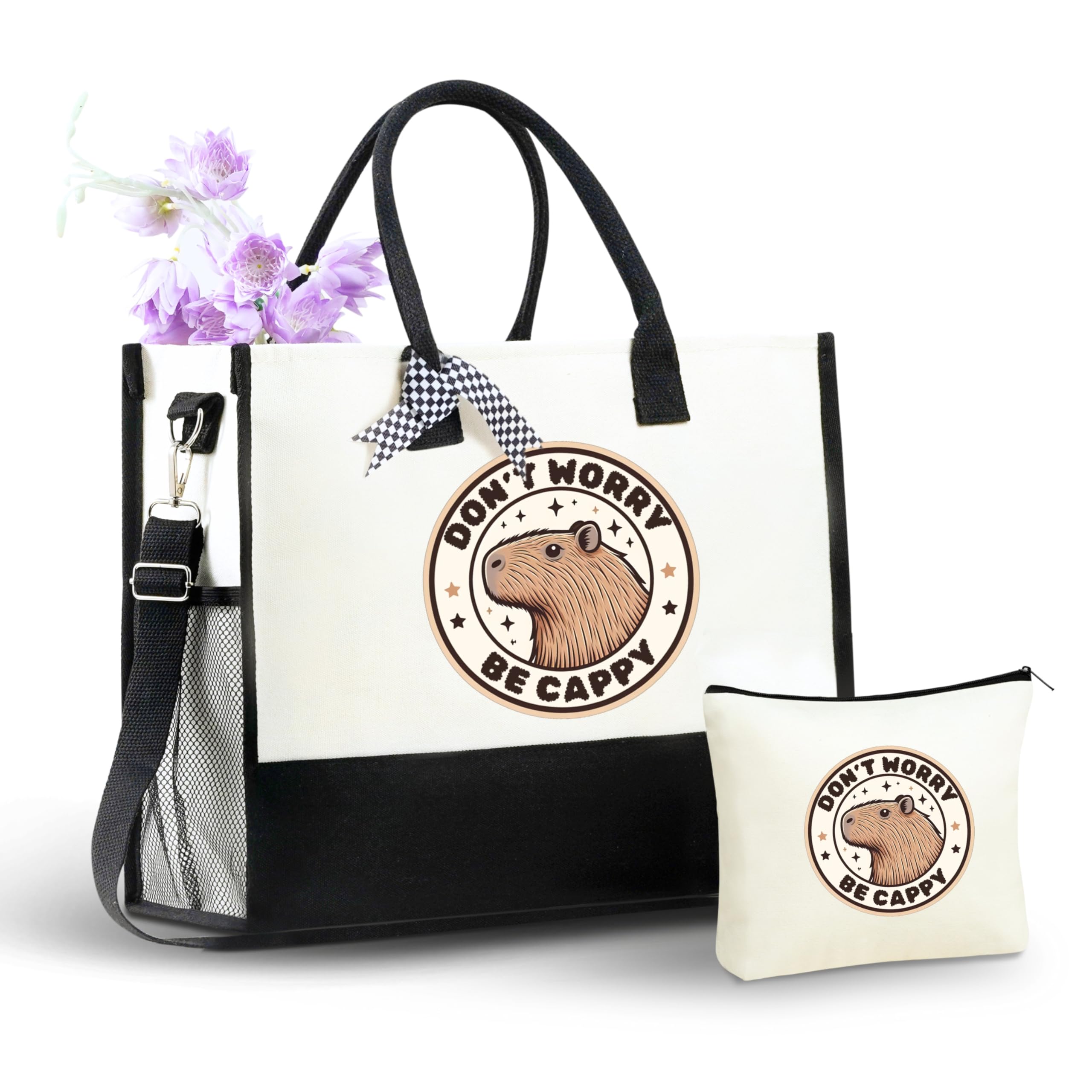 InnoBeta Capybara Gifts, Canvas Tote Bag with Top Zipper Closure and Shoulder Strap for Birthday, Christmas and Every Special Occasion