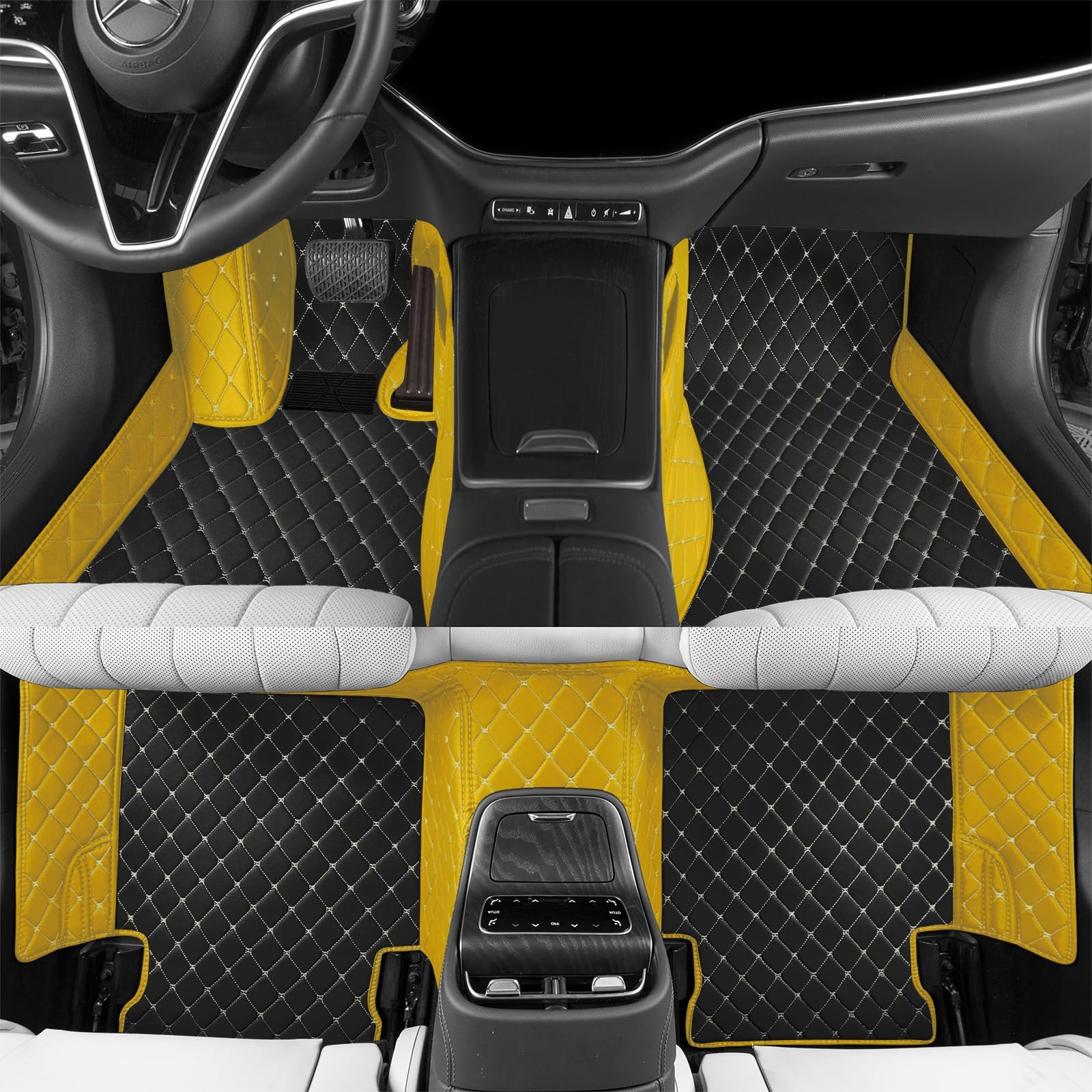 Custom car Floor mat is Compatible for Mercedes-Benz，to All Models for Benz (2000-2025) C260/C200/S500/ A260/ B200，Luxurious ‌All-Weather car Floor MATS. (Black Rice & Yellow)
