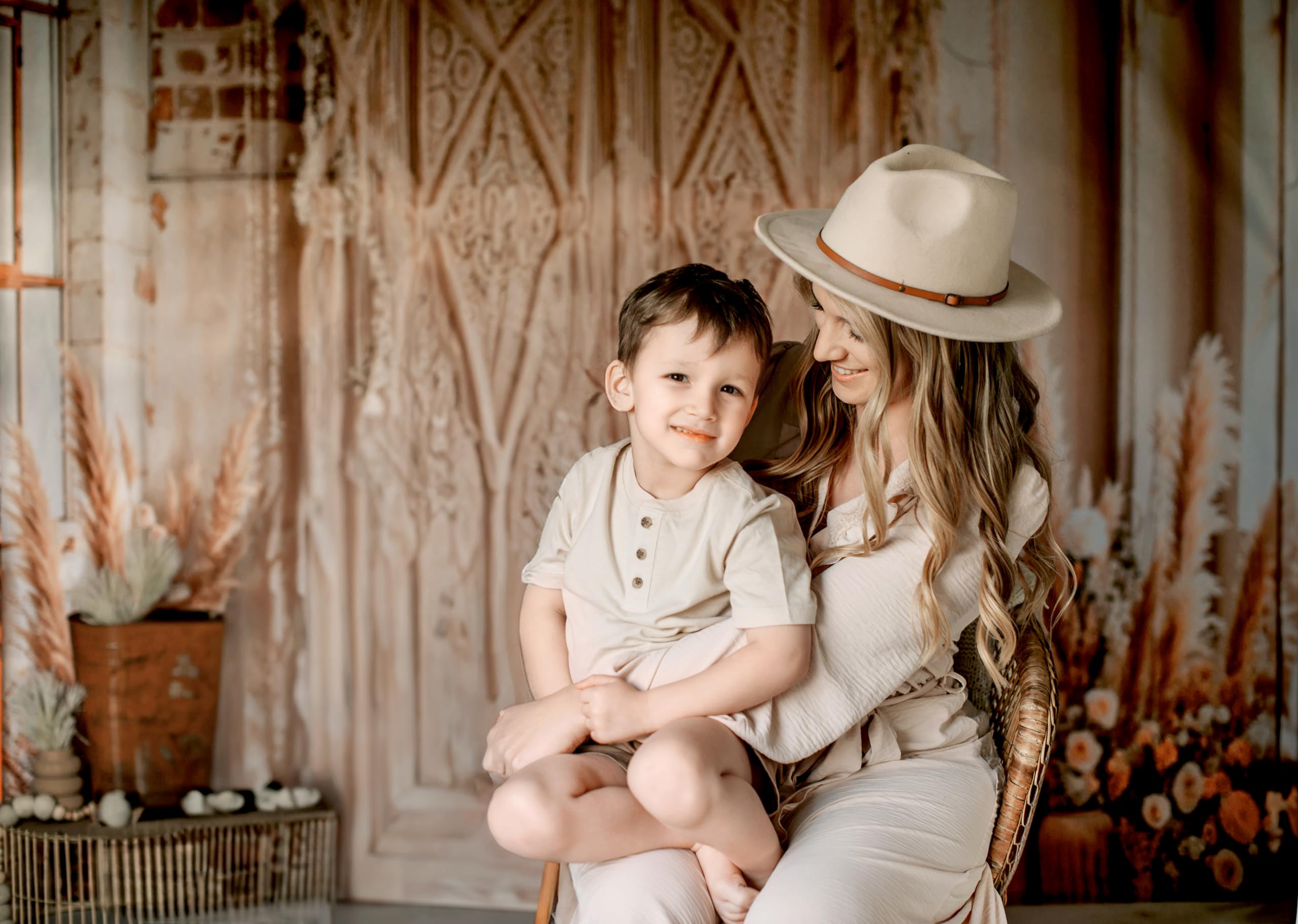 Kate Boho Photographie Toiles de Fond 3x2m/10x6.5ft Floral Rétro Mur de Briques Pampas Herbe Bohème Mariage Photocall Enfants Anniversaire Décoration Fond Photo Studio