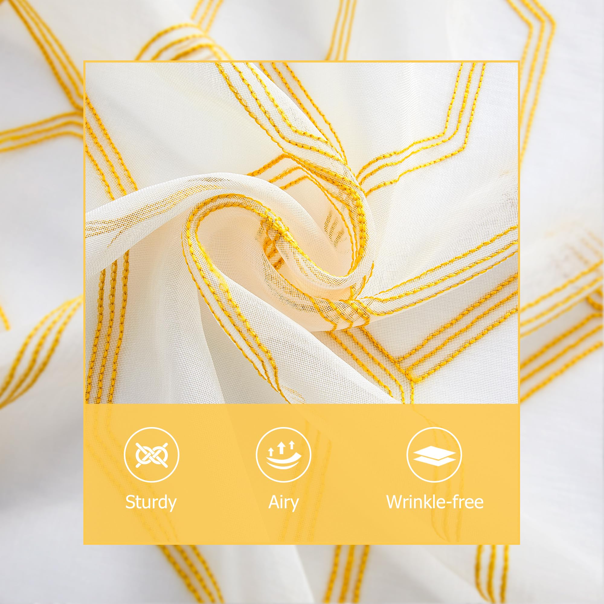 Yellow Embroidered Sheer Curtains 2 Panels, 84 Inch Length - Modern Geometric Pattern For Living Room & Bedroom - View #4