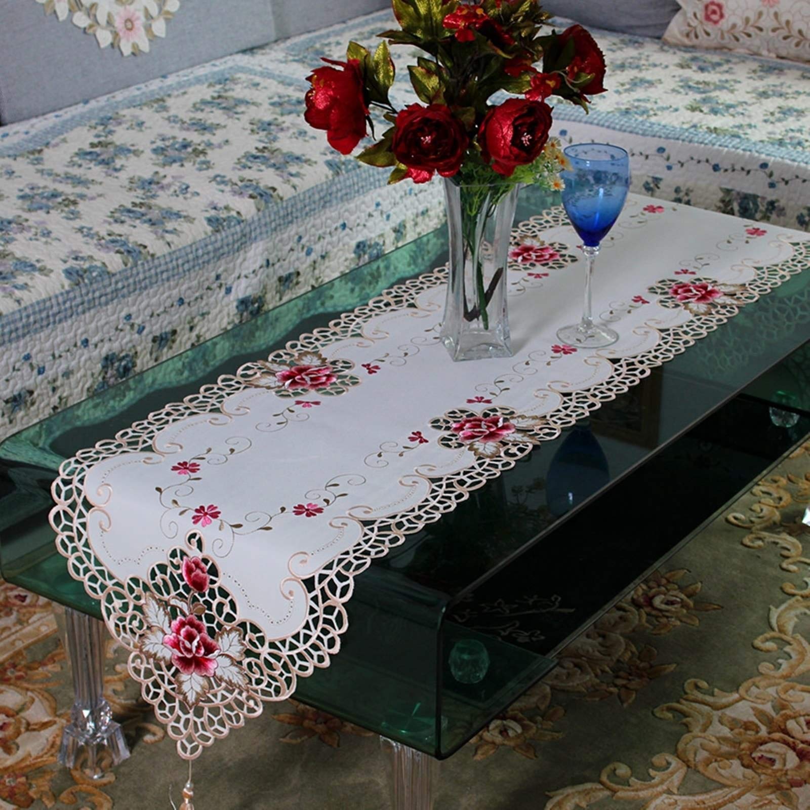 Hochzeitsdeko Tisch Blumen, Tischdeko Modern 40X230cm Polyester Beige Rosa Stickerei Blume Geburtstag Tischdeko