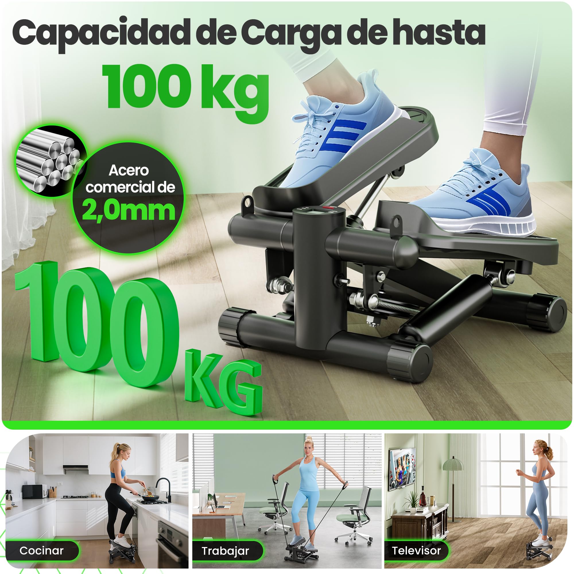 Ultrasport Mini Stepper Fitness en Casa 2 en 1 para Cardio con Monitor LCD, Bandas de Resistencia y Pedales Antideslizantes