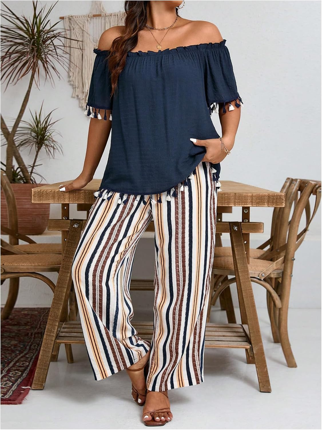 WDIRARA Women's Plus Size 2 Piece Set Off Shoulder Short Sleeve Striped Pants Outfits - Image 3