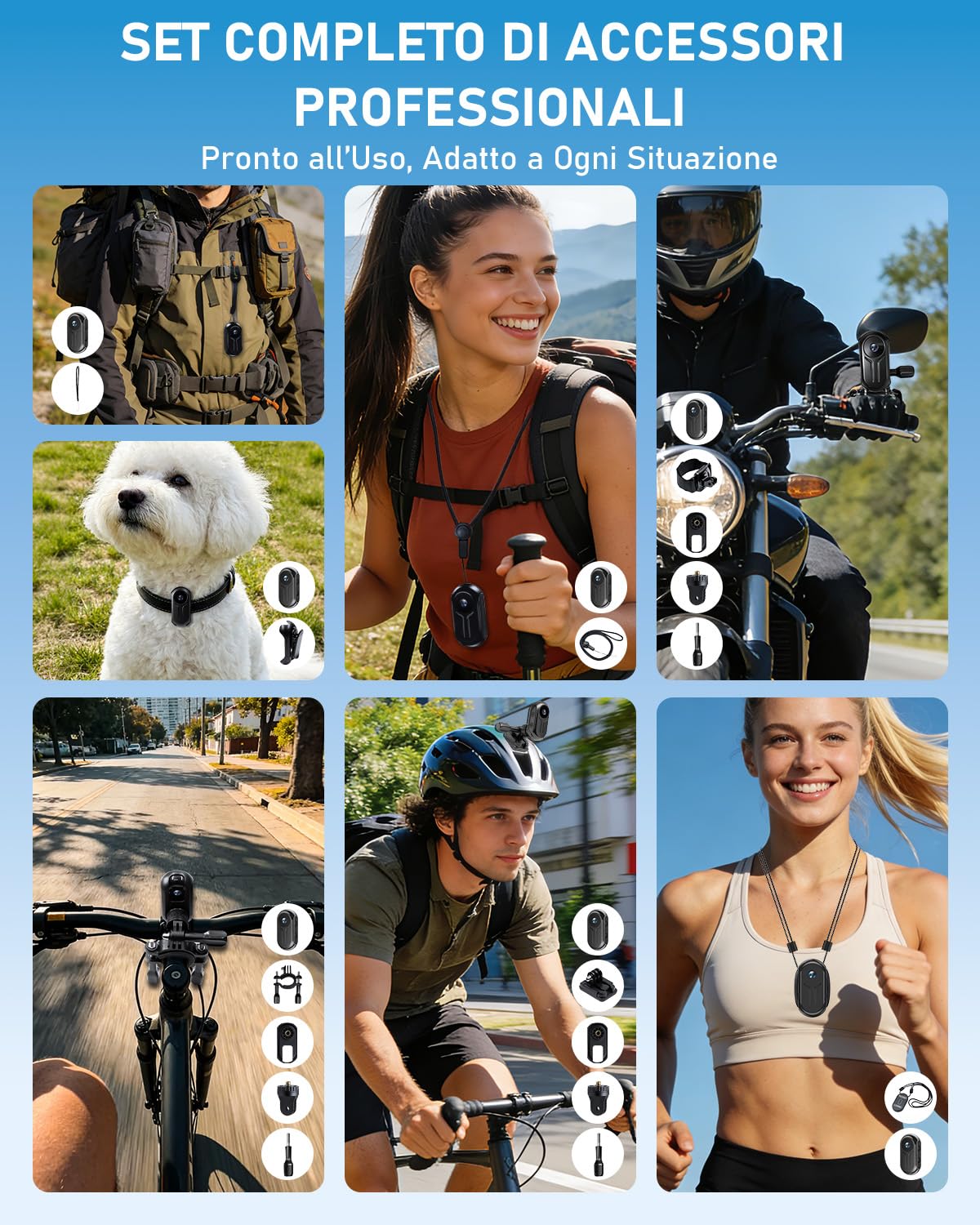 Action Cam con WiFi 2K Ultra-HD, Mini Body Cam con Registrazione, Telecamera Moto con Grandangolo da 120° con schermo, Videoregistratore indossabile a mani libere per Vlog Bicicletta