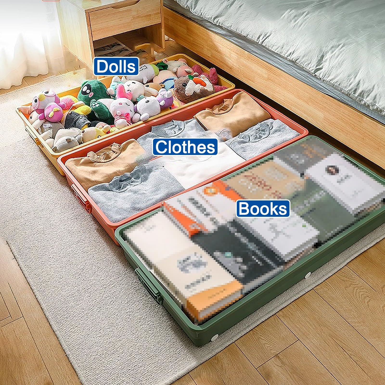 Unterbettkommode mit Rollen, waschbare Aufbewahrungskörbe, doppelseitige Öffnung für Kleidung, Decken, Spielzeug und Schuhe