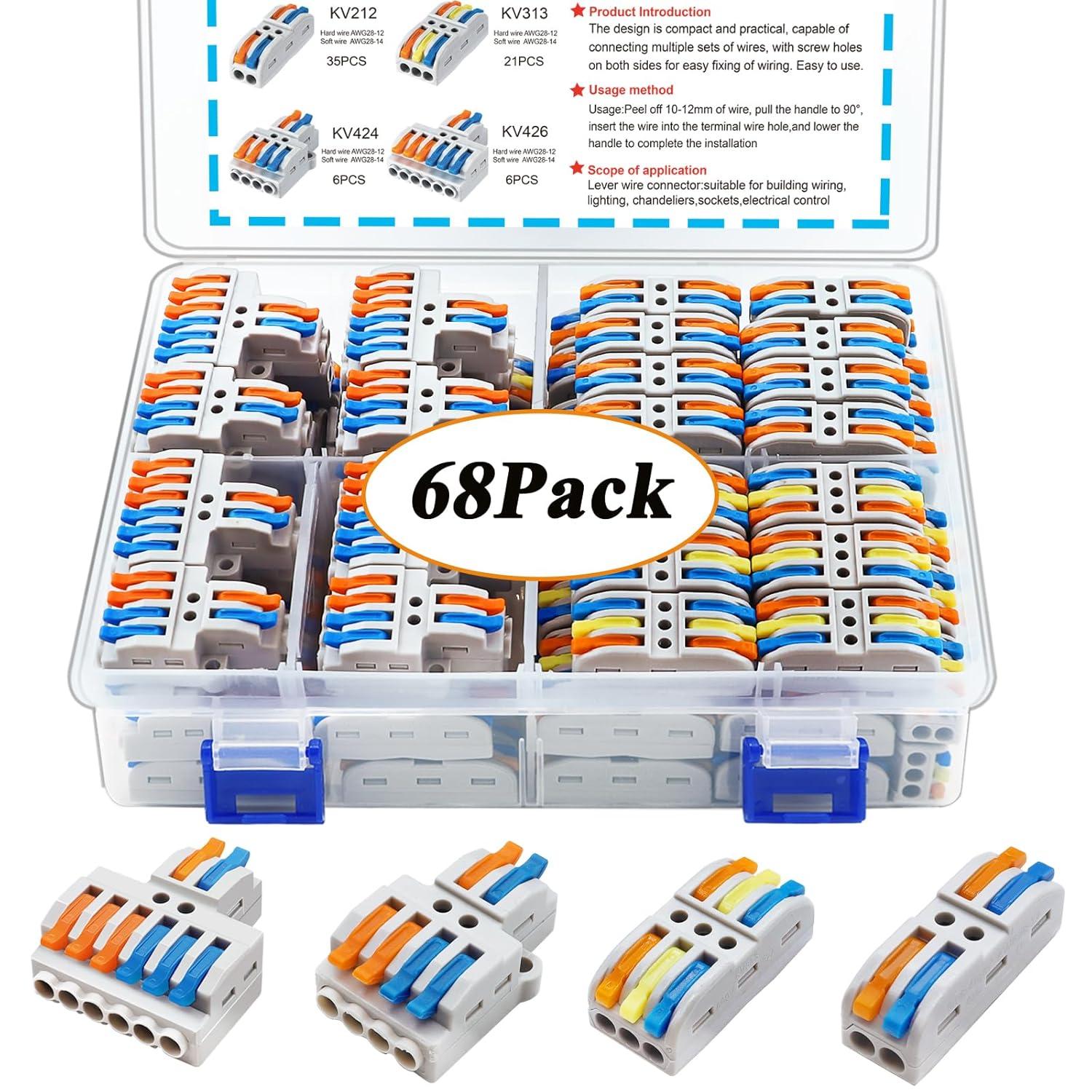 smseace 68 Pcs Lever Wire Connector Assortment Compact Splicing Wire