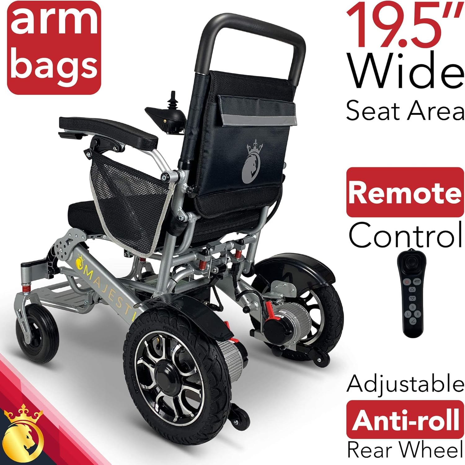 Majestic Electric Wheelchair 2022 - Foldable Remote Control Power Chair 500-Watt Waterproof Motor Lightweight Motorized Portable Mobility Aid for Adults - Wheel Chair (19.5" Seat Width) : Health & Household
