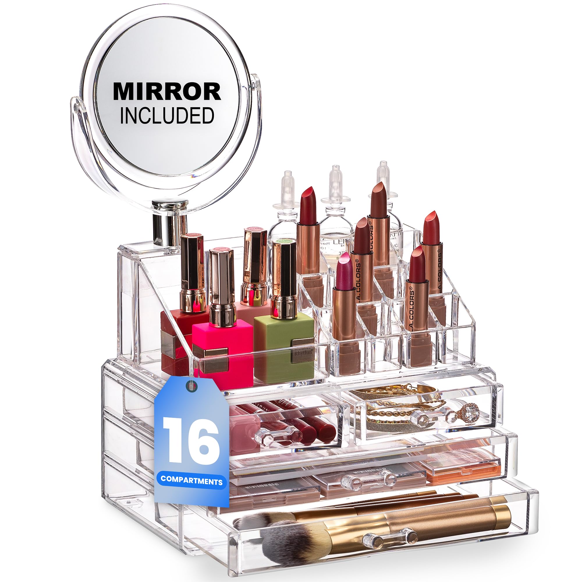 Masirs Clear Makeup Organizer with Mirror – 16-Compartment Cosmetic and Jewelry Holder, 4-Drawer Vanity Storage, Elegant Clear Design for Makeup and Accessories