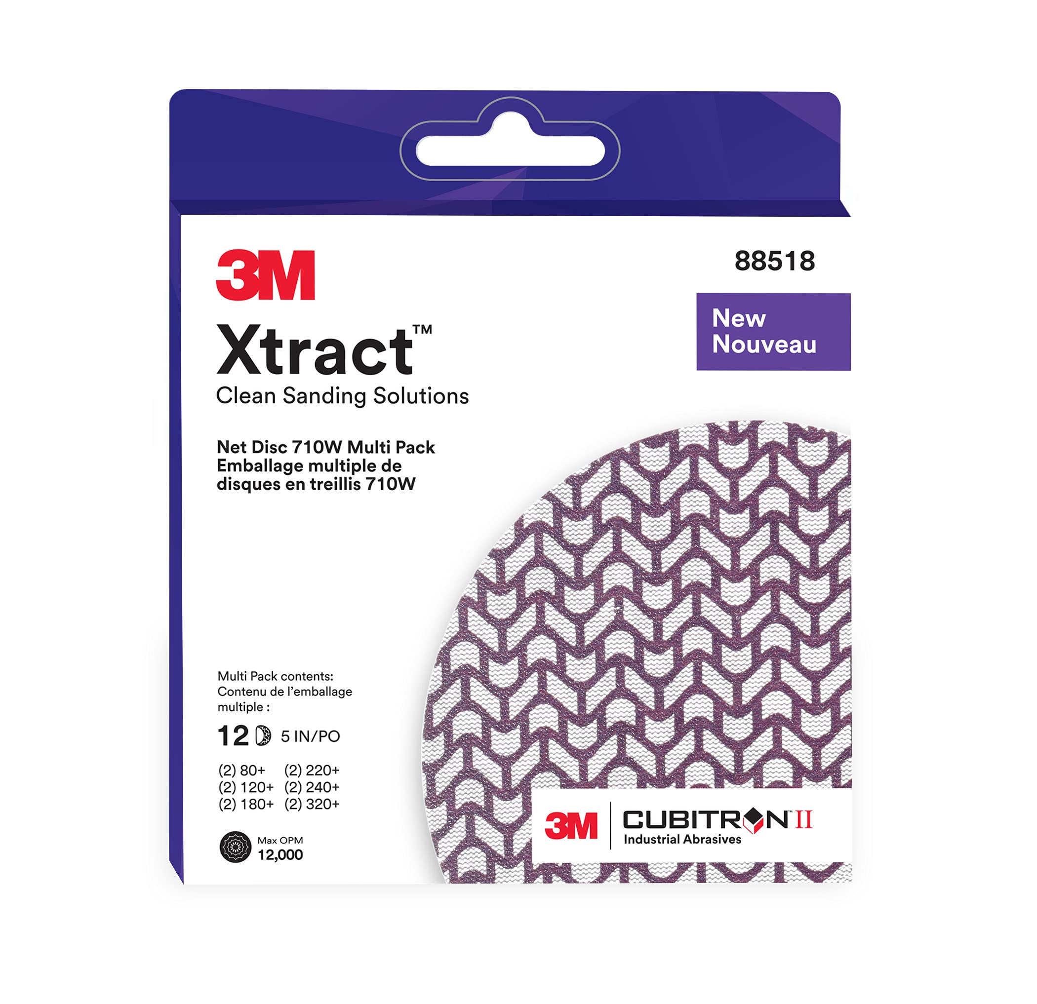 XtractNet Disc 710W, 5 in, 12 Piece Multi-Pack Hook and Loop Sanding Discs, 80+, 120+, 180+, 220+, 240+, 320+, Virtually Dust-Free, Assorted Grades, 88518, Case of 20,Purple