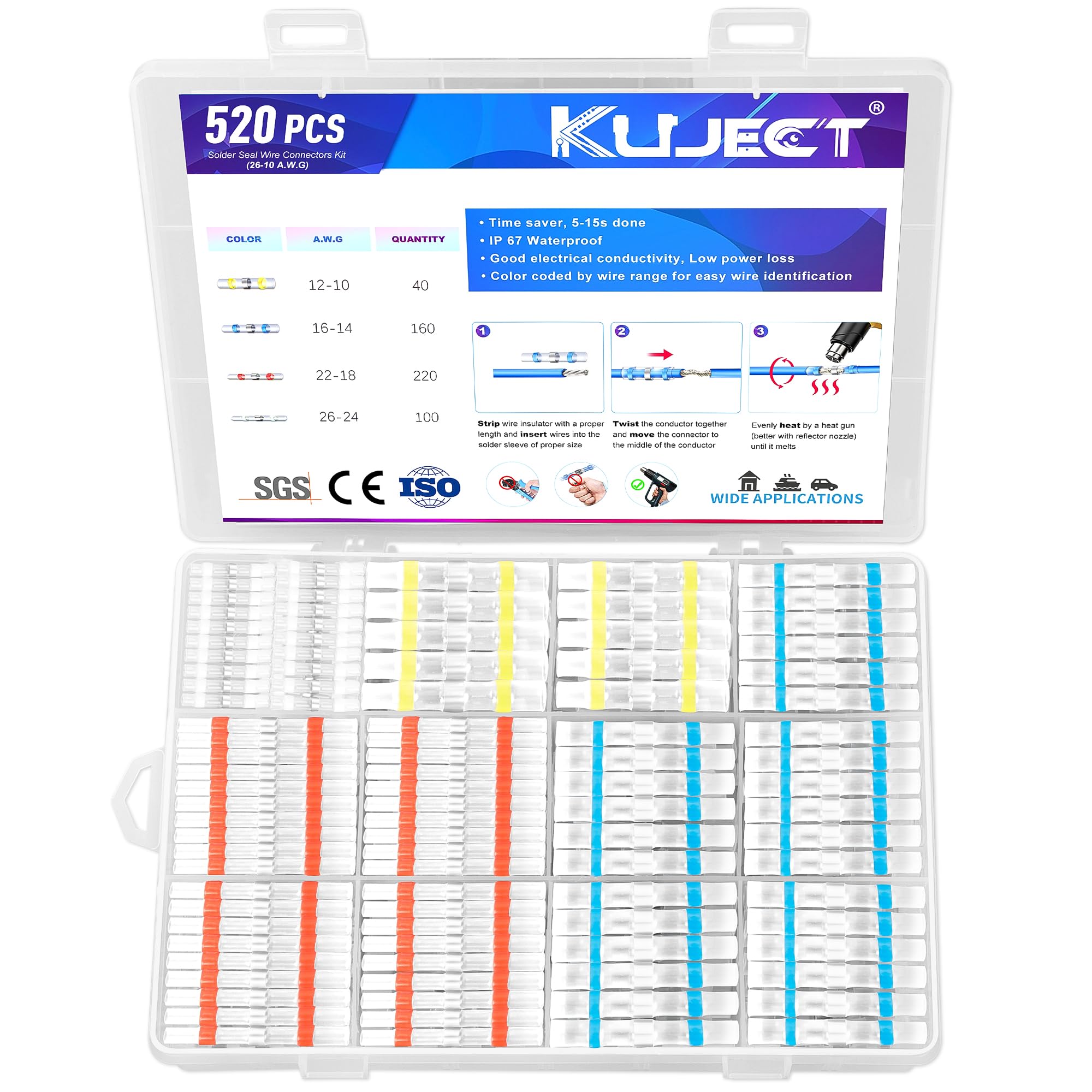 Kuject 520PCS Solder Seal Wire Connector Kit, Solder Seal Butt Terminal Waterproof Insulated Electrical Wire Splice for Automotive Marine Boat