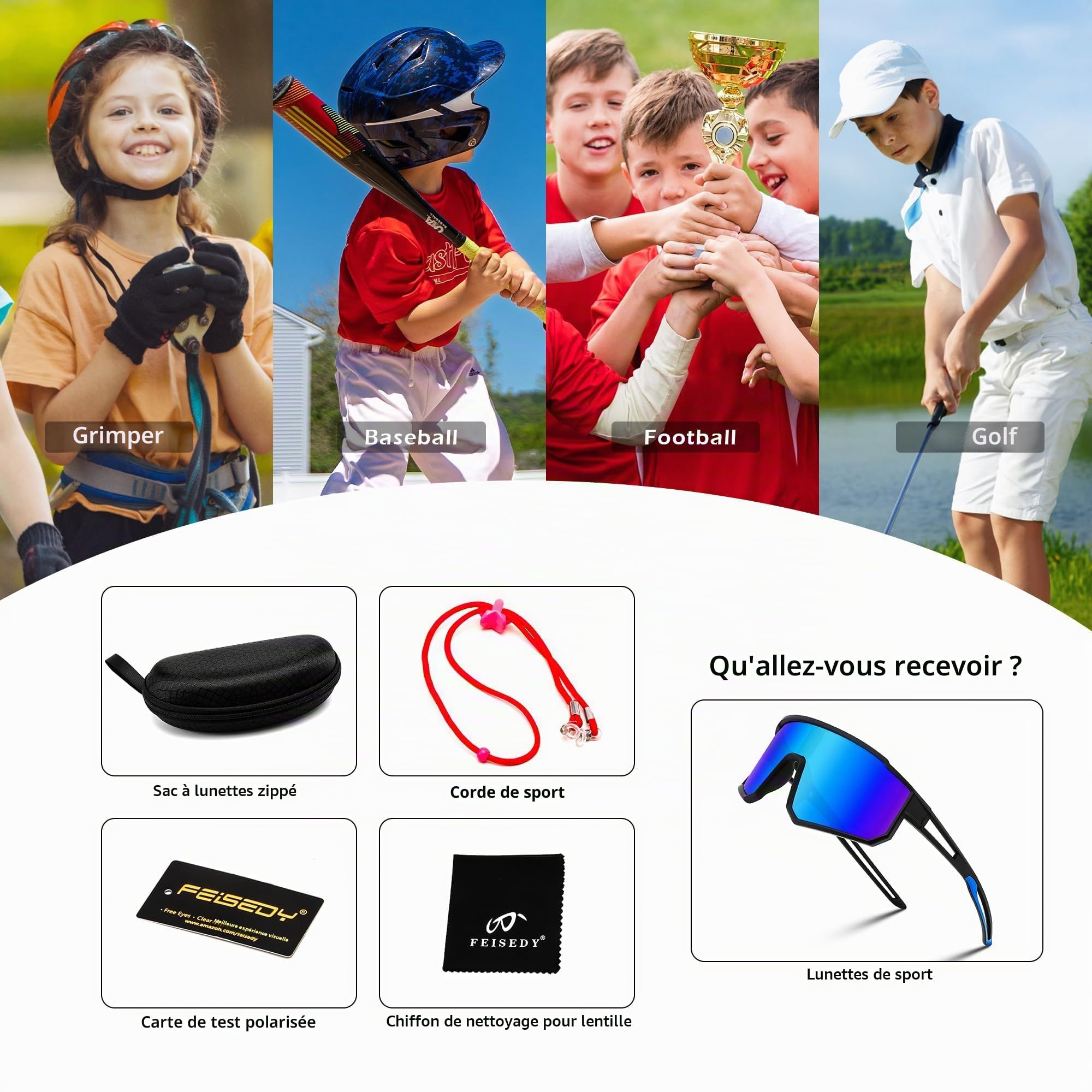 FEISEDY Lunettes de Sport Enfant 6-15 Ans Lunettes de Vélo Polarisées Lunettes de Soleil Sport Protection UV400 pour Garçons Filles B4163