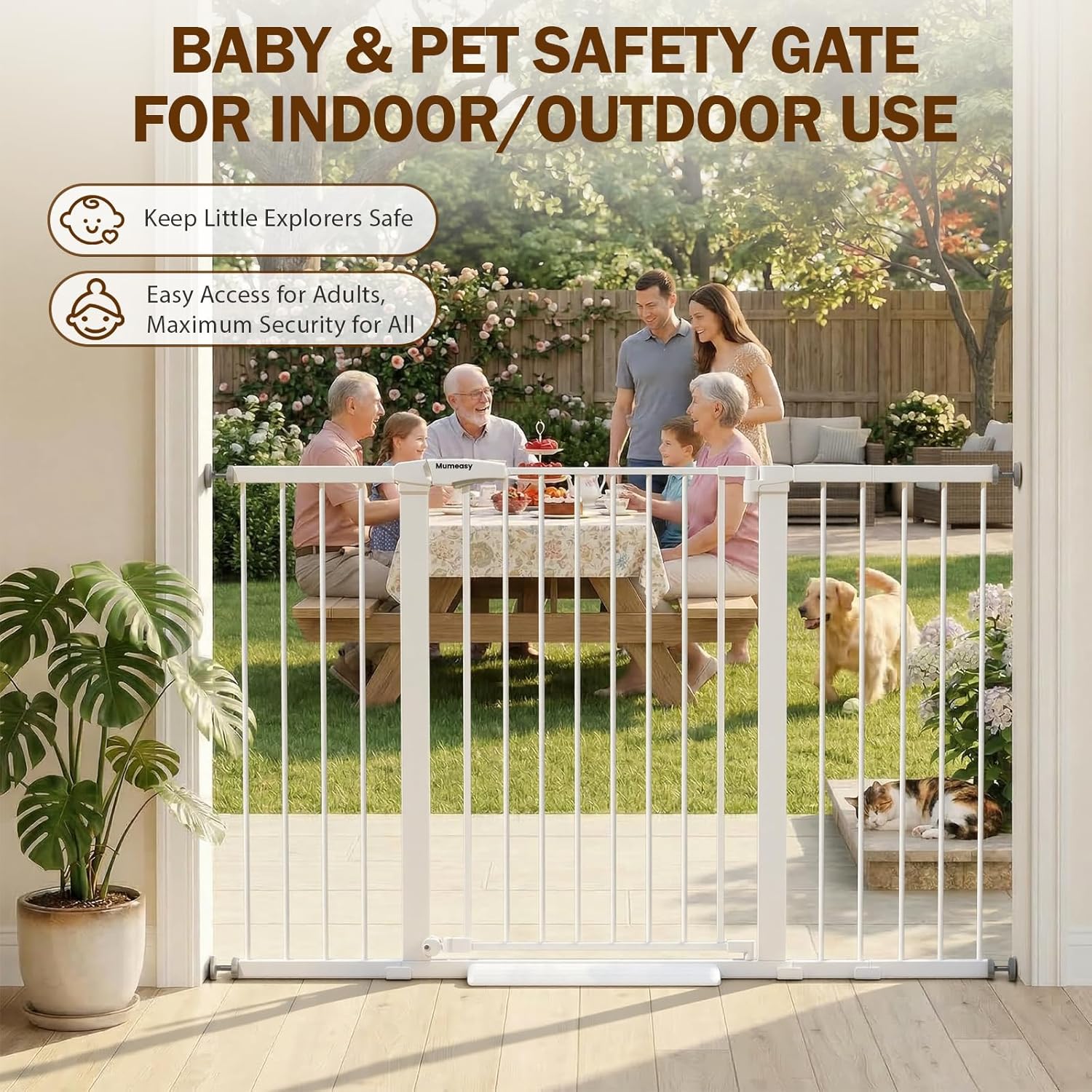 Mumeasy 29.7-57" Extra Wide Baby Gate, Auto Close Large Dog Gate for Doorways, No Drilling Pressure Mounted Pet Safety Gate for Stairs, Easy Walk Through Child Gate for Hallways, House, Indoor, White