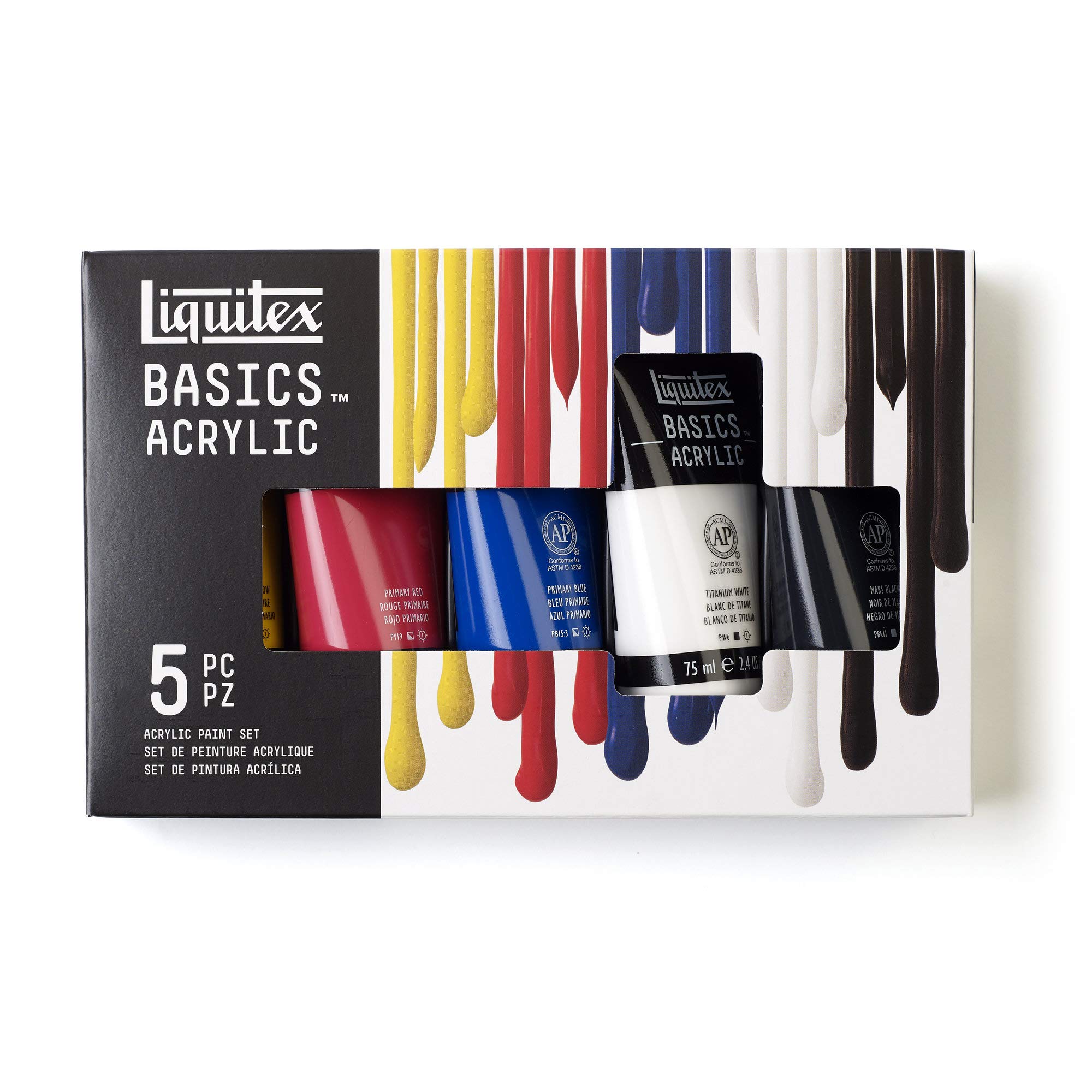 Liquitex 3699405 Basics Acrylic Paint, Mono-pigmented Artist Pigments, Lightfast, Medium Viscosity, Archival Quality, Silky Gloss Finish - 5 Colours Set of 75 ml