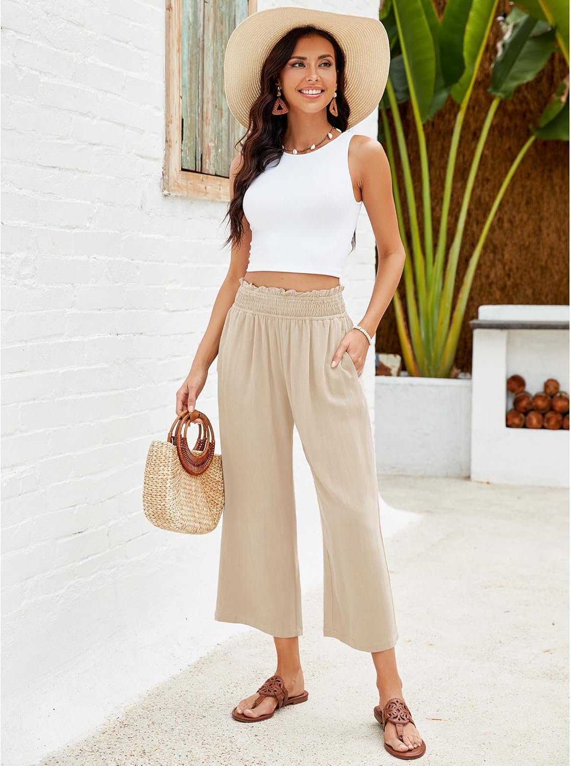 GRAPENT Capri Pants for Women High Waisted Wide Leg Linen Palazzo Trousers Pull On Elastic Smock Waist Loose Flowy Pants - Image 4
