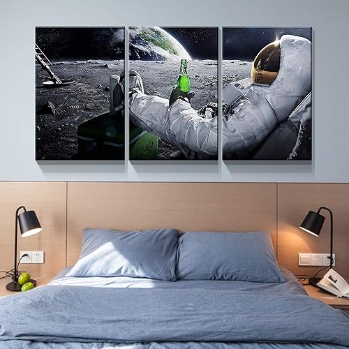 Miniatura 5 de Denozer - Lienzo decorativo para pared de 3 piezas - Astronauta bebe cerveza en la luna, imágenes lunares abstractas, decoración del hogar,