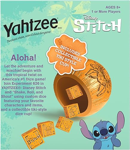 Miniatura 2 de USAOPOLY YAHTZEE Disney Stitch - Taza de dados coleccionable estilo Tiki de Stitch  Juego de dados clásico basado en Lilo & Stitch de Disney  Ideal