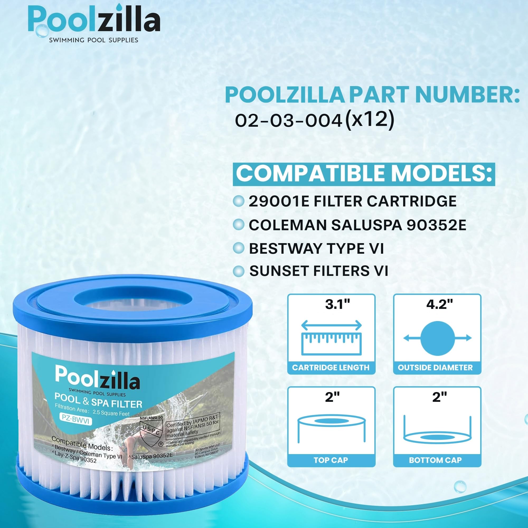 Poolzilla 12er-Pack Spa-Filterkartuschen Ersatz für Bestway Typ VI, 29001E, Coleman SaluSpa 90352E, 58323E, 58323, 58324, Sunset Filters VI, Volca Spares Größe VI, Lay-Z Spa (L x OD: 7,9 x 10,7 cm)