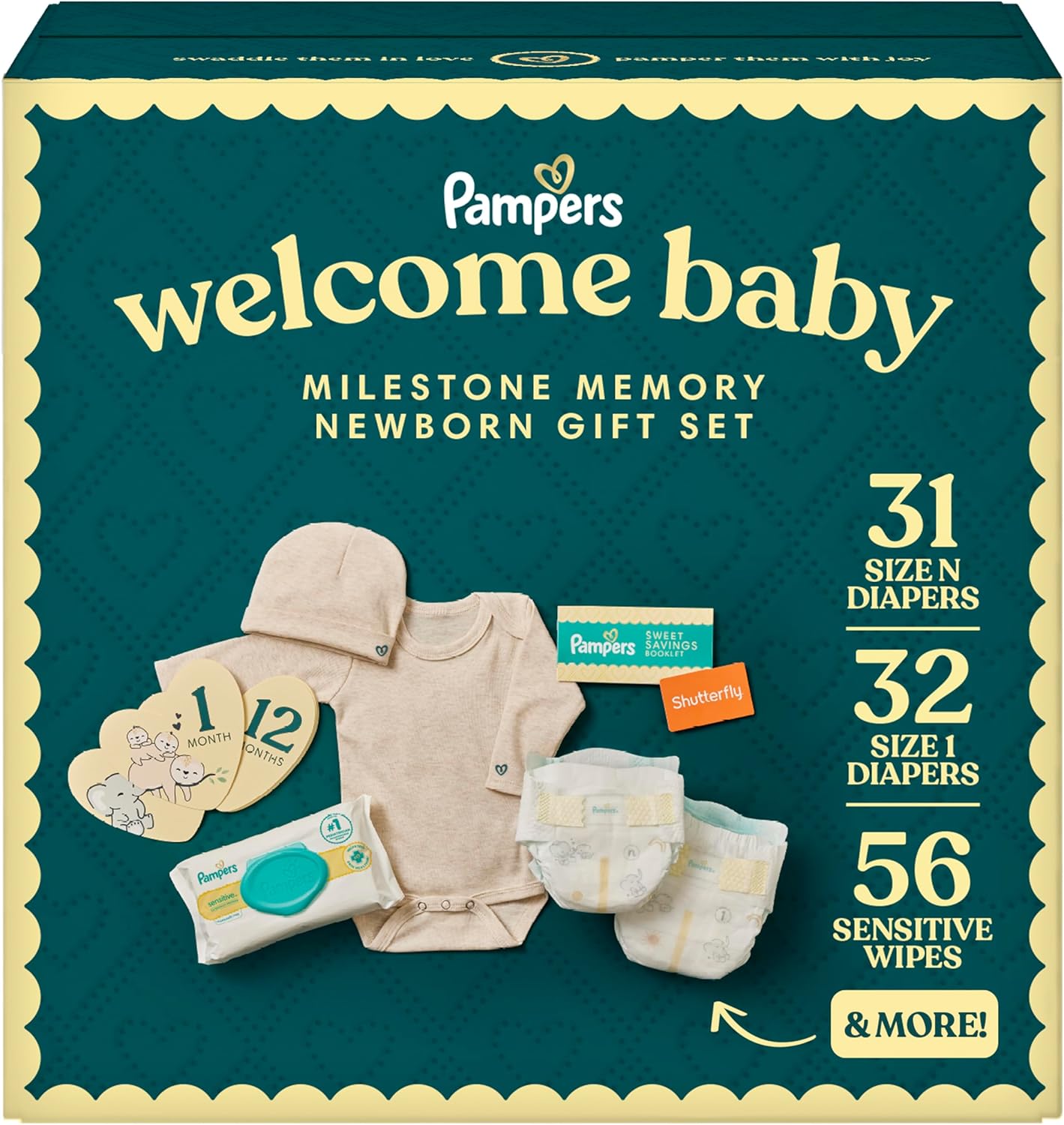 Pampers Gift Set, Disposable Diapers, Sensitive Wipes, & Milestone Gifts