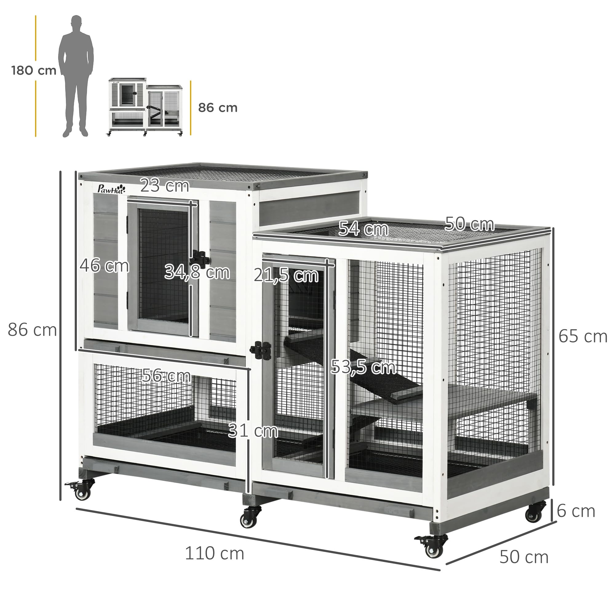 PawHut Conigliera in legno per interni con rotelle 3 livelli rampe 2 porte chiuse a chiave - dim. 110L x 50W x 86H cm - grigio e bianco