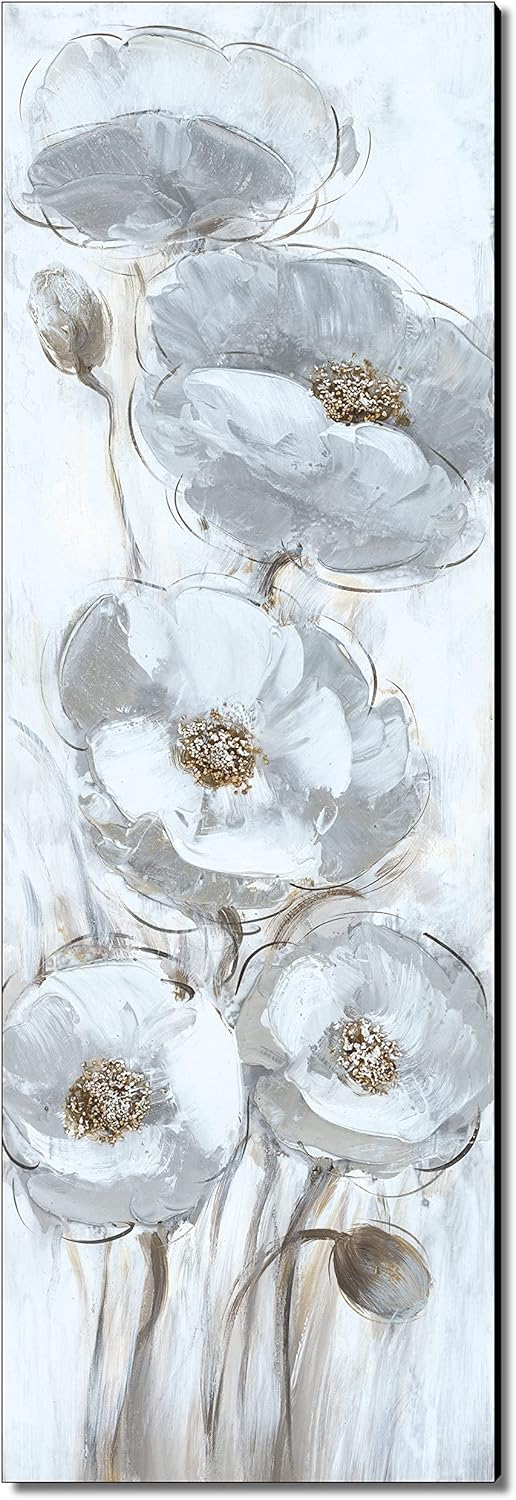 White Lotus flower canvas wall art living room flowers 3D abstract vertical scene hand-painted scenery oil painting printing bedroomoffice(40x120cm)Frameless 16x48inch(40x120cm)Frameless 16x48inch(40x120cm)Frameless White