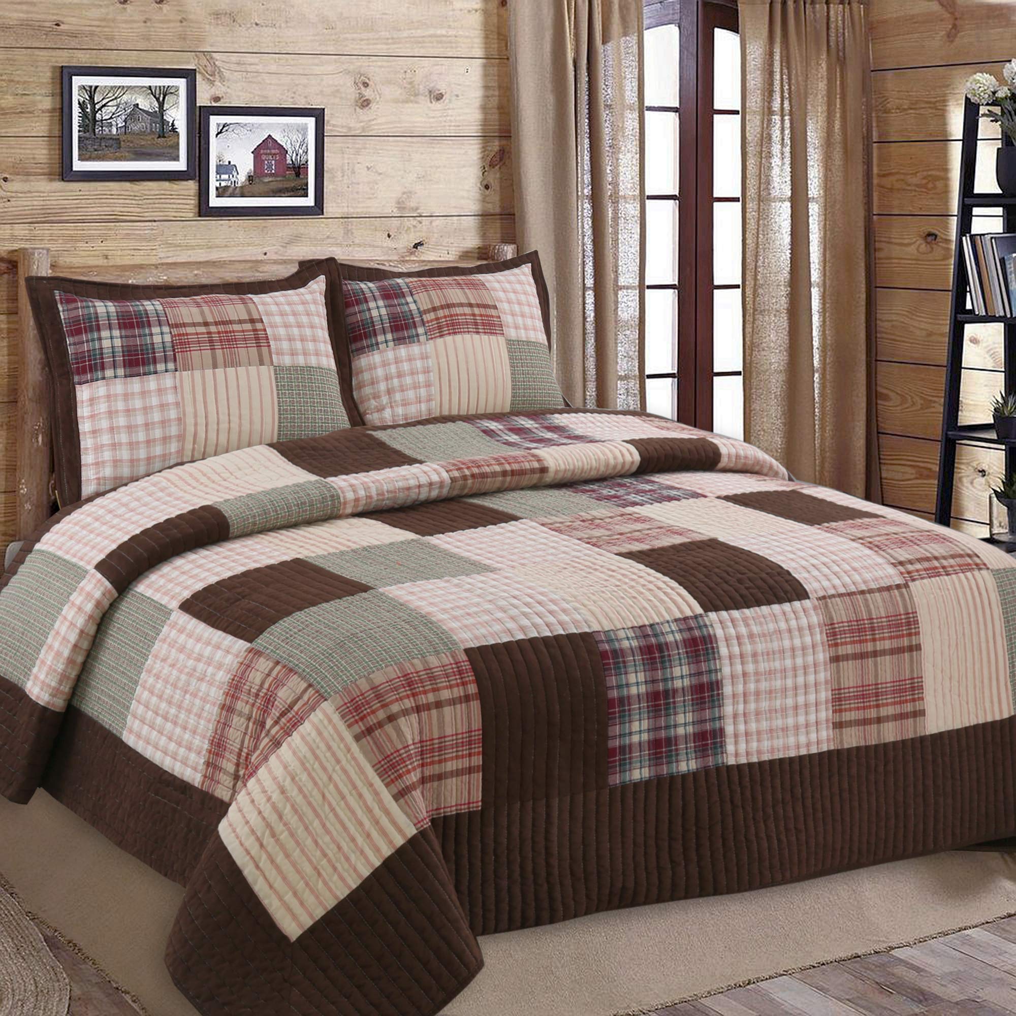 Cozy Line Home FashionsBrody Quilt Bedding Set, Chocolate Brown Plaid Grid Striped Real Patchwork,Reversible Coverlet, Bedspread Set (Brown Grid, Queen - 3 Piece)
