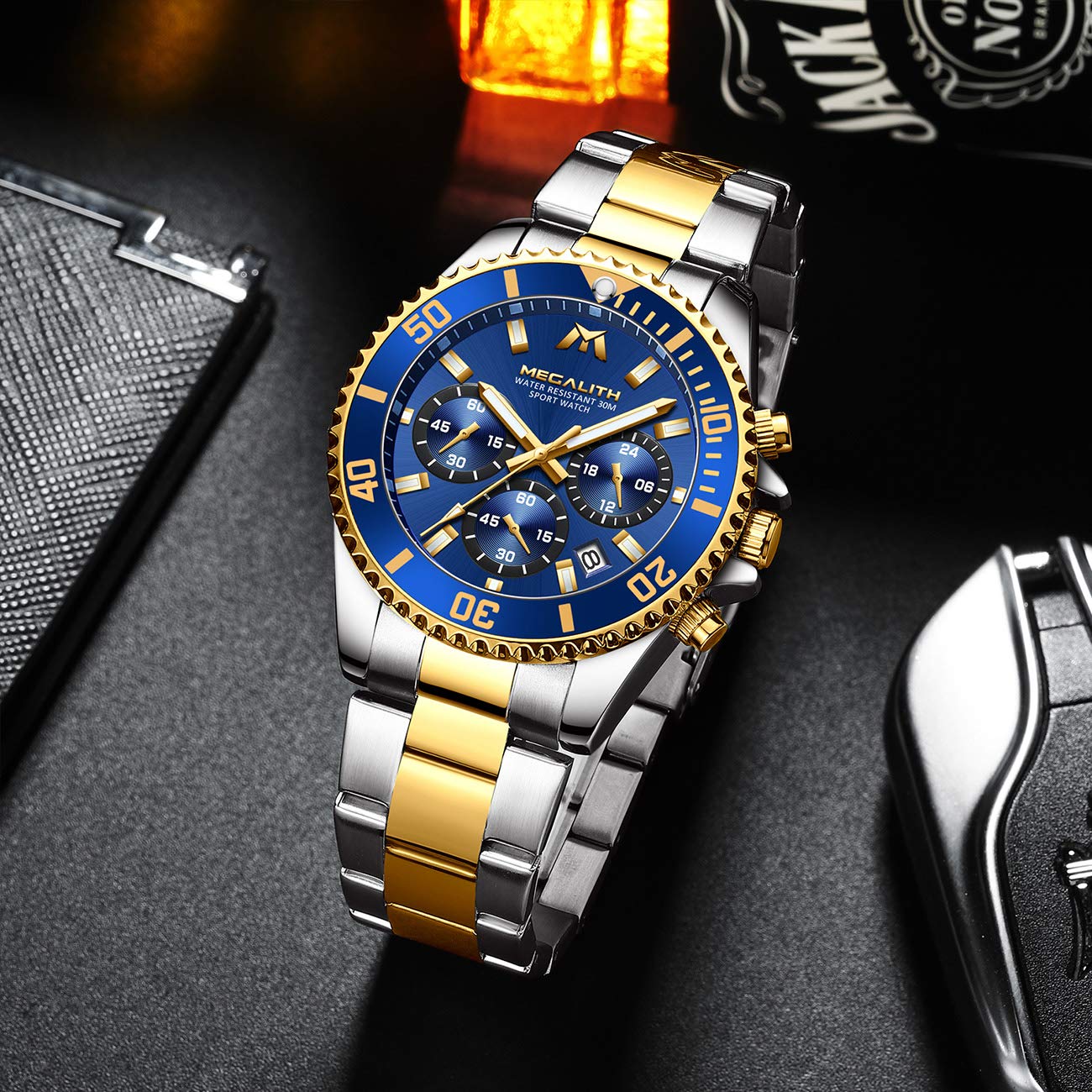 MEGALITH Orologio Uomo Cronografo Acciaio: Elegante Analogico Data Luminose | Orologi Vestito da Polso Quadrante Grande per l'Uso Quotidiano Lavoro - Regalo per Padre Marito Natale Anniversari Matrimonio