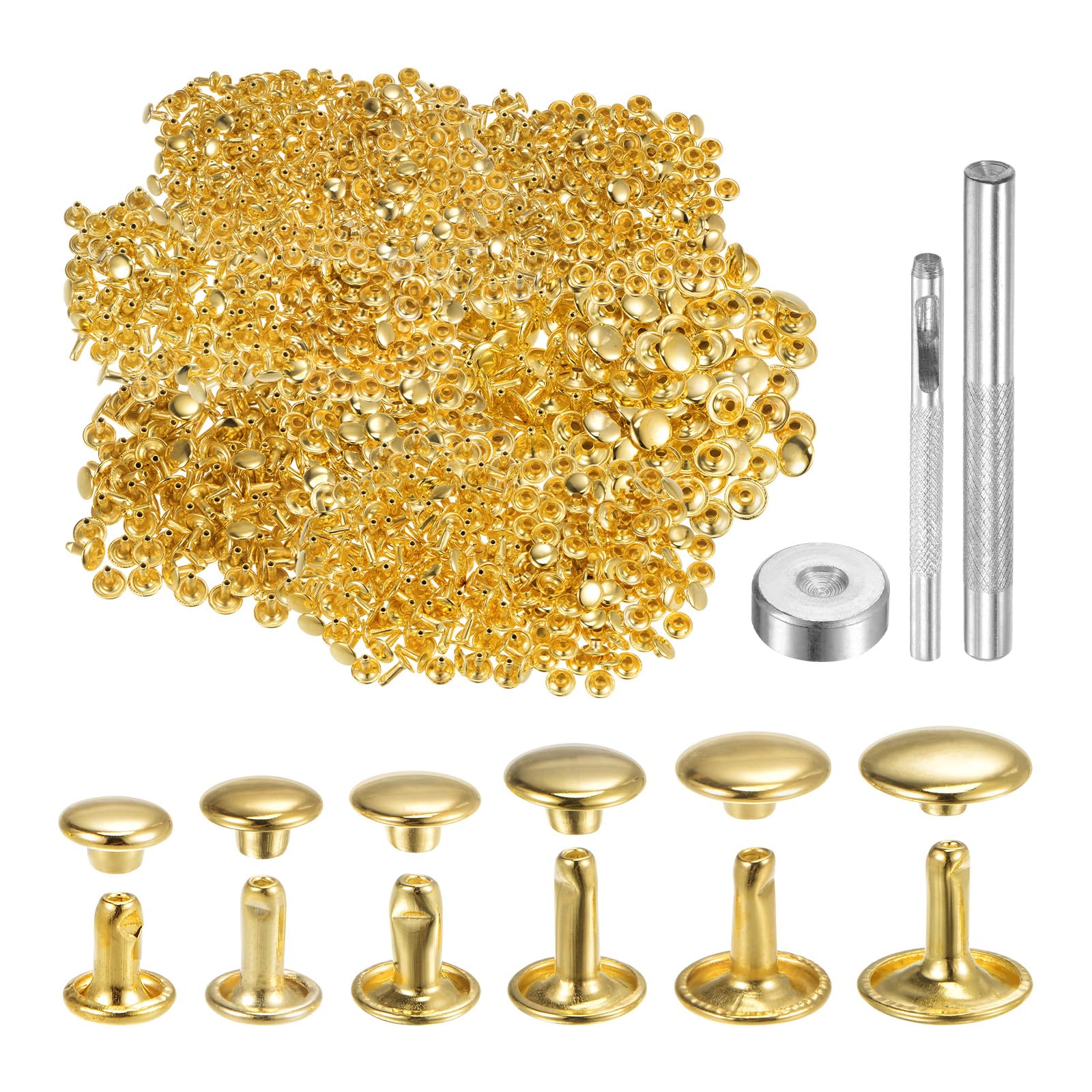 HARFINGTON 300 Sets Leather Rivets 6 Size Metal Double Cap Rivet Snaps Studs Fasteners with 3pcs Setting Tools Rivets for Leather Craft DIY Repair Decoration, Gold Tone