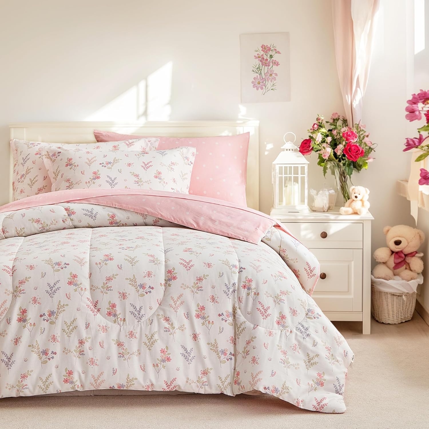 Joyreap 7pcs Cotton Comforter Sheet Set for Girls, Queen Size Bed in a Bag, Pink Floral Design, Soft n Cozy Kids Bedding Comforter Set for All Season- 88x88 inches
