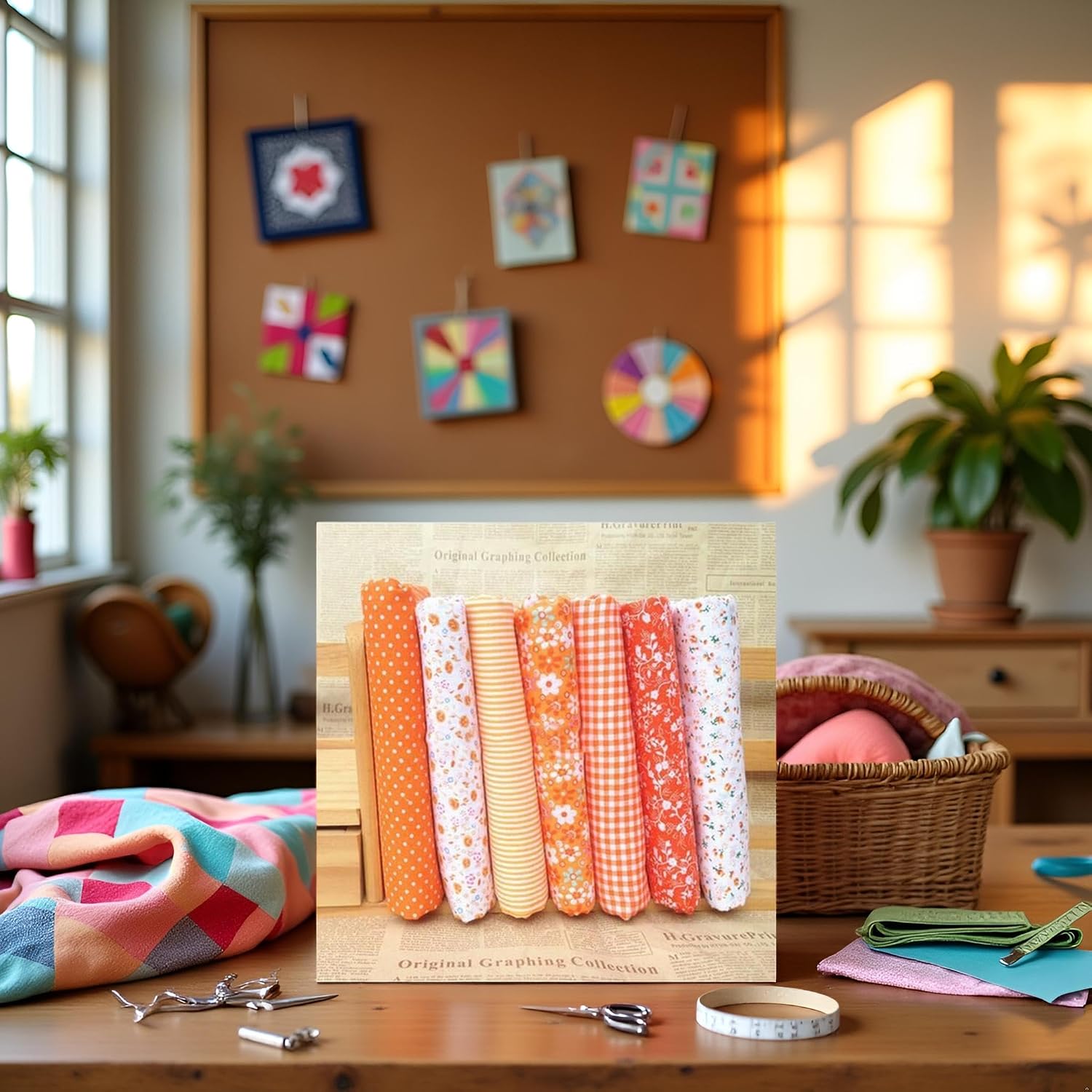 7 Pcs Top Orange Cotton Craft Fabric Bundle Squares Patchwork DIY Sewing Scrapbooking Quilting Floral Dot Pattern Scraps, Craft and Hobby Fabric (25cm x 25cm) 10" x 10"