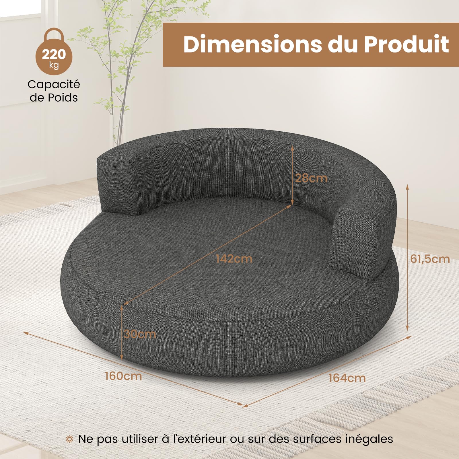 GOPLUS Canapé Gonflable Rond, Canapé -Lit Convertible Pneumatique avec Dossier, avec Housse Amovible & Base Antidérapante, Charge 220KG (160x164x61 CM|Rond,Gris)