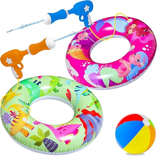 Parentswell Juego de fiesta en la piscina  Anillos inflables de natación para piscina, tubos de piscina con pistolas de agua y pelota de playa,